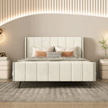 Full Size Upholstered Platform Bed, Velvet, Beige Beige Upholstered