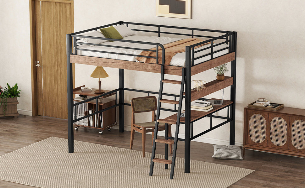 Metal Full Size Loft Bed With Built In Desk, Storage Shelf And Ladder, Black Full Box Spring Not Required Black Metal Metal & Wood