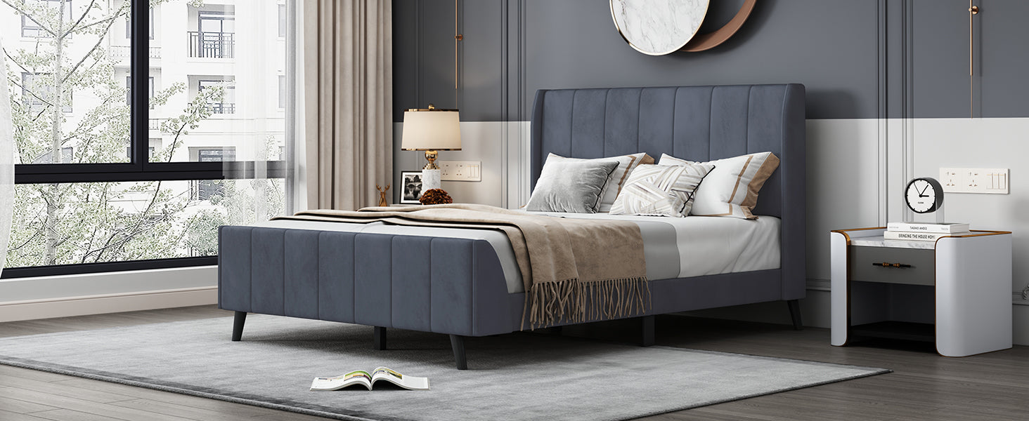 Full Size Upholstered Platform Bed, Velvet, Gray Gray Upholstered