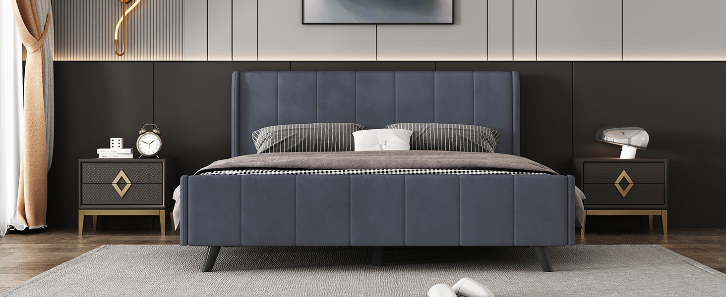 Queen Size Upholstered Platform Bed, Velvet, Gray Gray Upholstered
