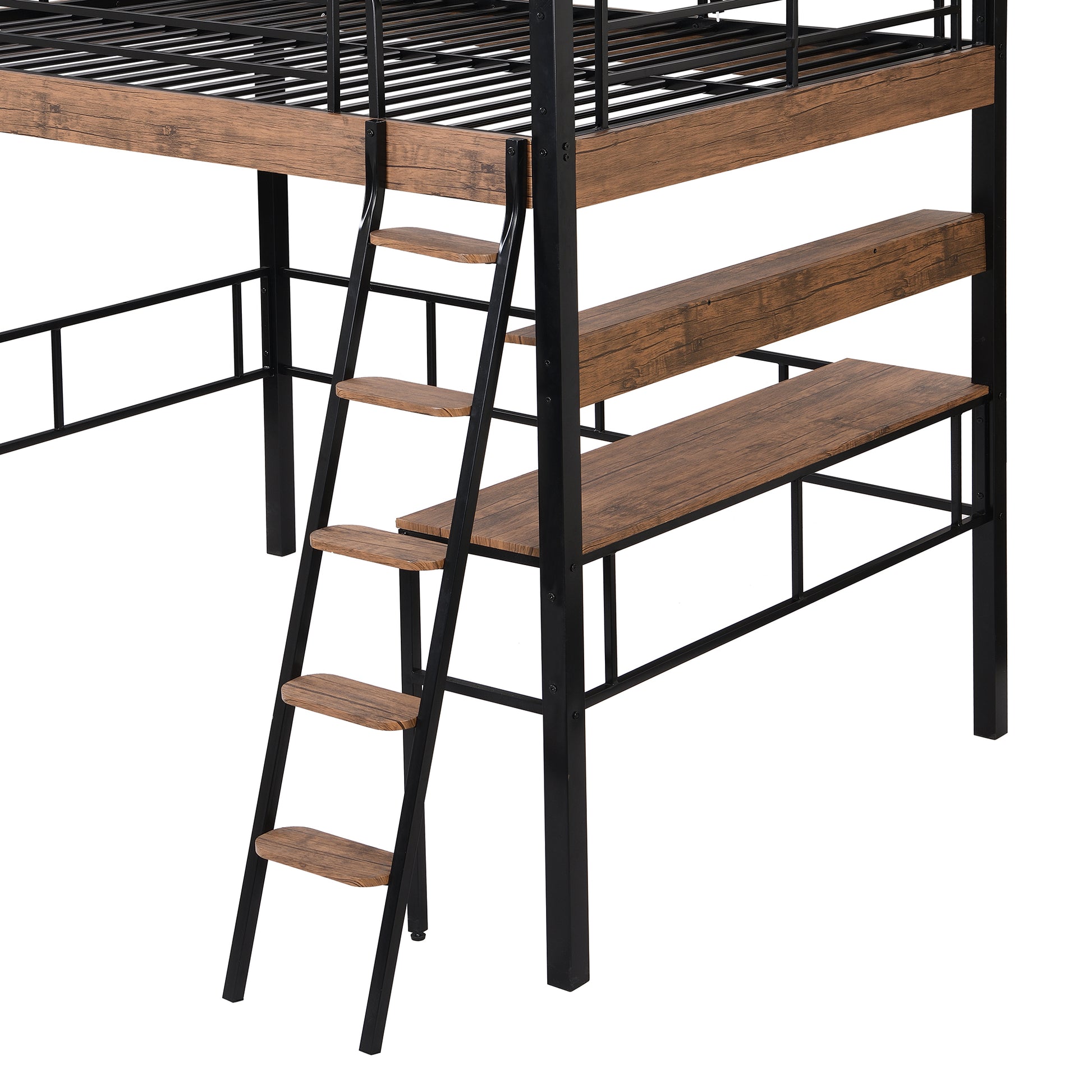 Metal Full Size Loft Bed With Built In Desk, Storage Shelf And Ladder, Black Full Box Spring Not Required Black Metal Metal & Wood