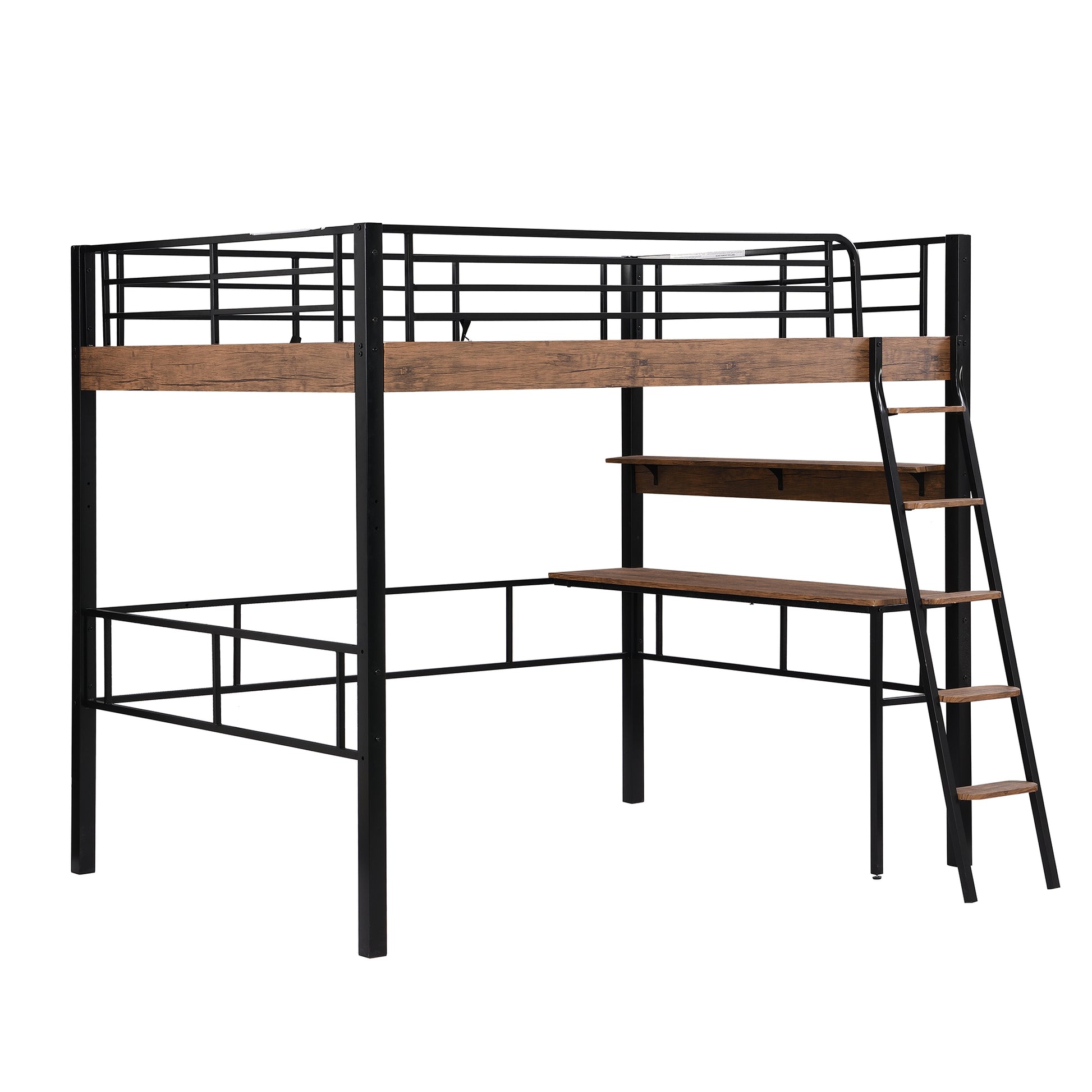 Metal Full Size Loft Bed With Built In Desk, Storage Shelf And Ladder, Black Full Box Spring Not Required Black Metal Metal & Wood