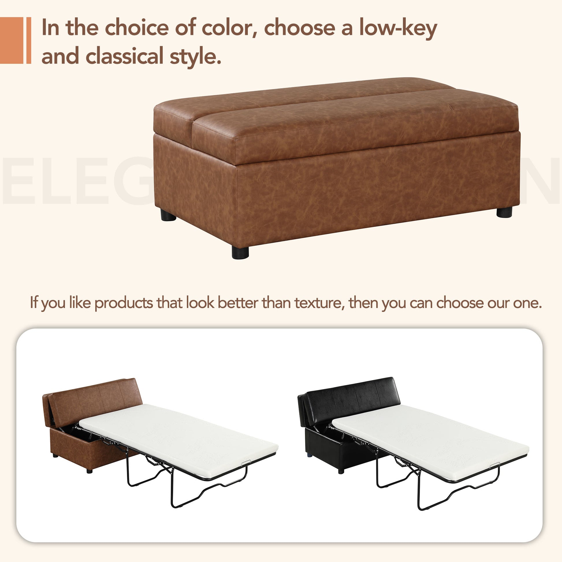 Twin Size Folding Ottoman Sleeper Bed With Mattress Convertible Guest Bed Brown Brown Foam Pu 1 Seat