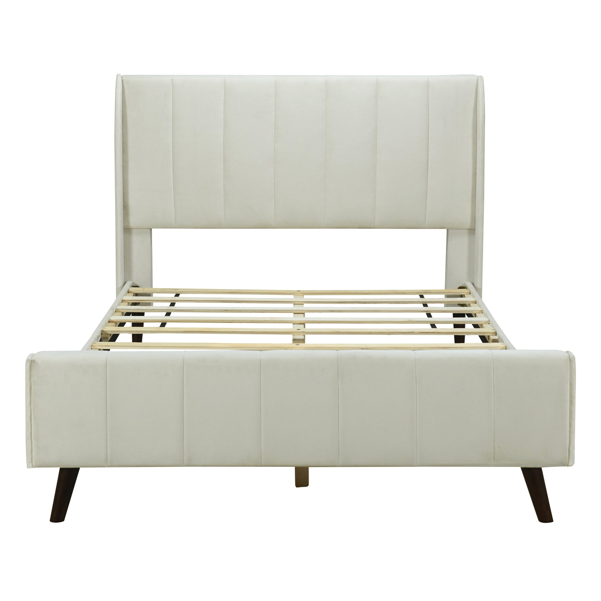 Full Size Upholstered Platform Bed, Velvet, Beige Beige Upholstered