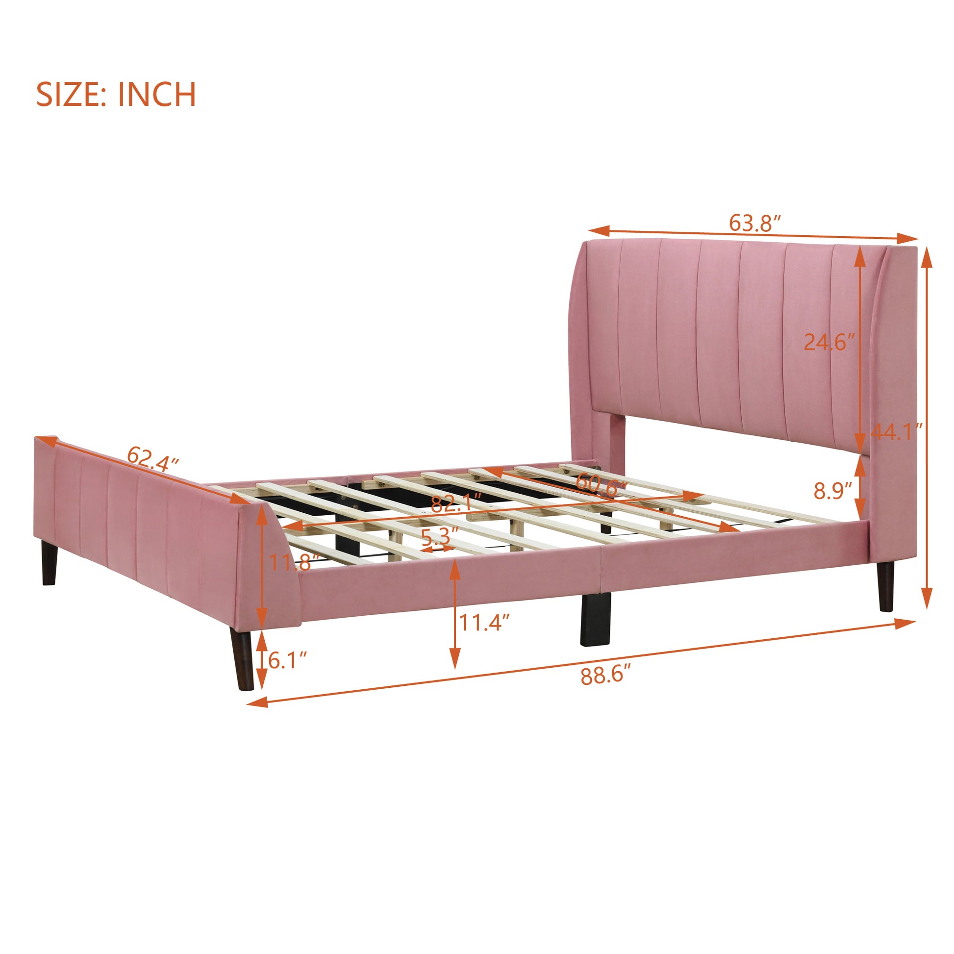 Queen Size Upholstered Platform Bed, Velvet, Pink Pink Upholstered