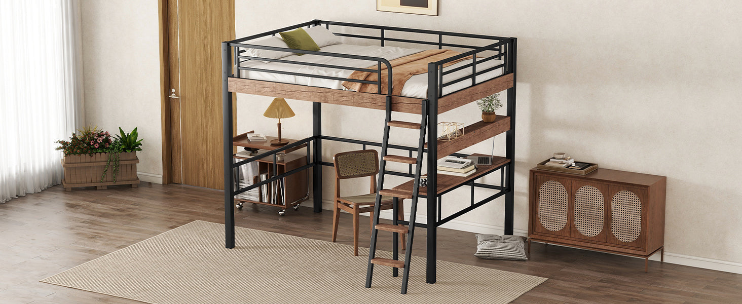 Metal Full Size Loft Bed With Built In Desk, Storage Shelf And Ladder, Black Full Box Spring Not Required Black Metal Metal & Wood