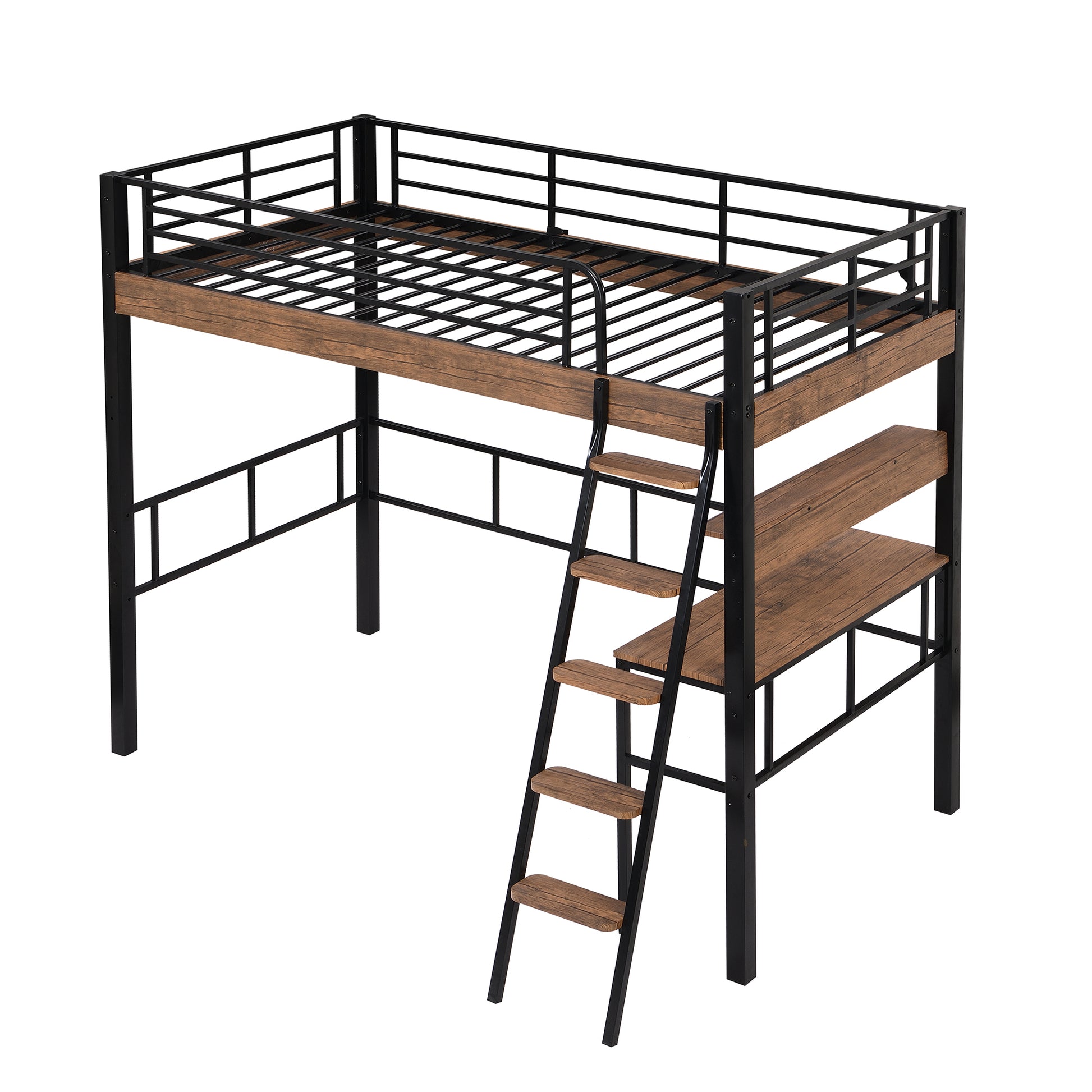 Metal Twin Size Loft Bed With Built In Desk, Storage Shelf And Ladder, Black Box Spring Not Required Black Metal Metal & Wood