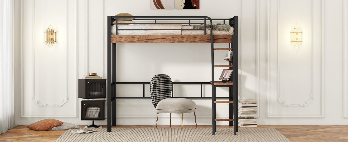 Metal Twin Size Loft Bed With Built In Desk, Storage Shelf And Ladder, Black Box Spring Not Required Black Metal Metal & Wood