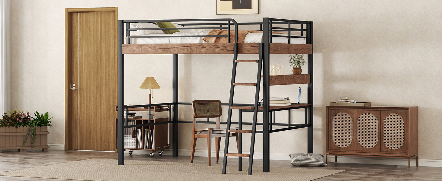 Metal Full Size Loft Bed With Built In Desk, Storage Shelf And Ladder, Black Full Box Spring Not Required Black Metal Metal & Wood