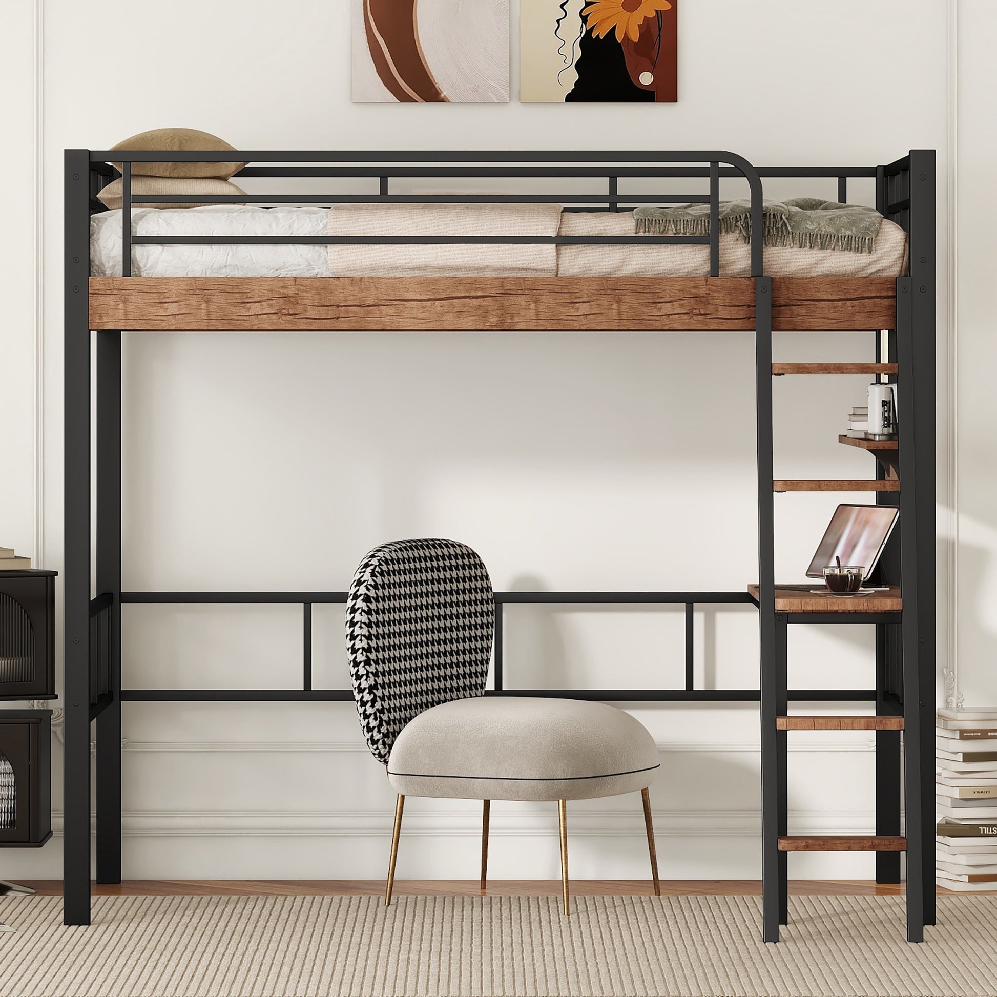 Metal Twin Size Loft Bed With Built In Desk, Storage Shelf And Ladder, Black Box Spring Not Required Black Metal Metal & Wood