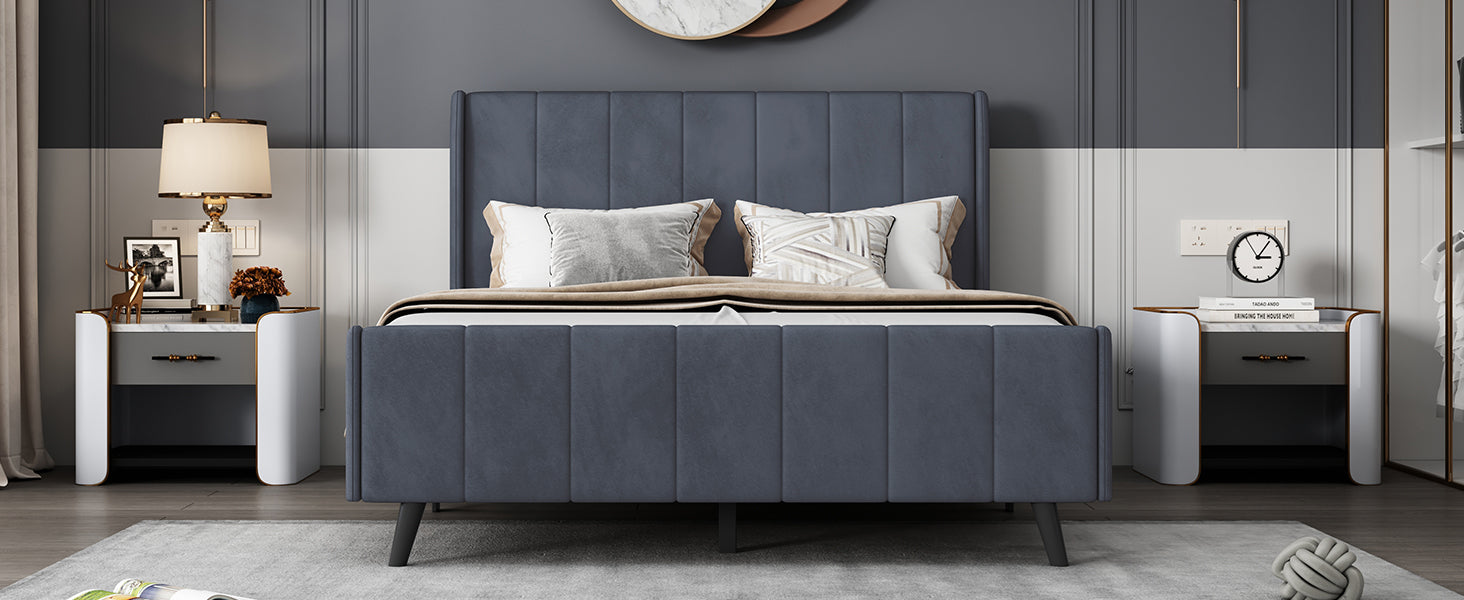 Full Size Upholstered Platform Bed, Velvet, Gray Gray Upholstered