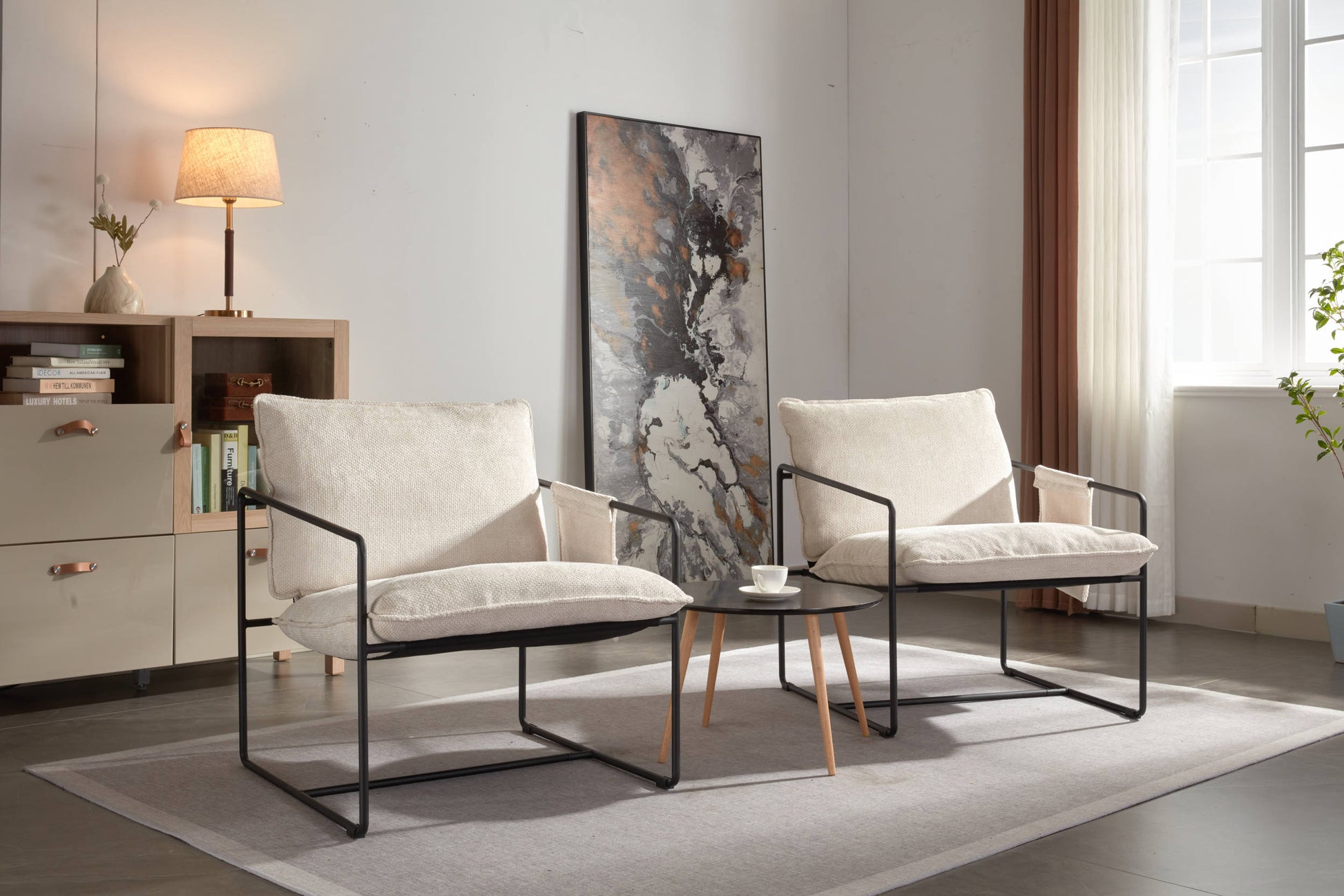 2 Chairs In 1 Box, Upholstered Hanging Armchair With Arm Pocket Metal Frame, Crushed Foam Cushions And Skin Friendly Braid For Living Room And Bedroom. Beige Color Beige Metal