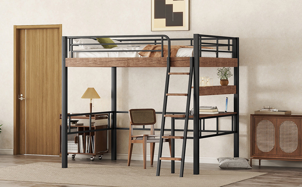Metal Full Size Loft Bed With Built In Desk, Storage Shelf And Ladder, Black Full Box Spring Not Required Black Metal Metal & Wood