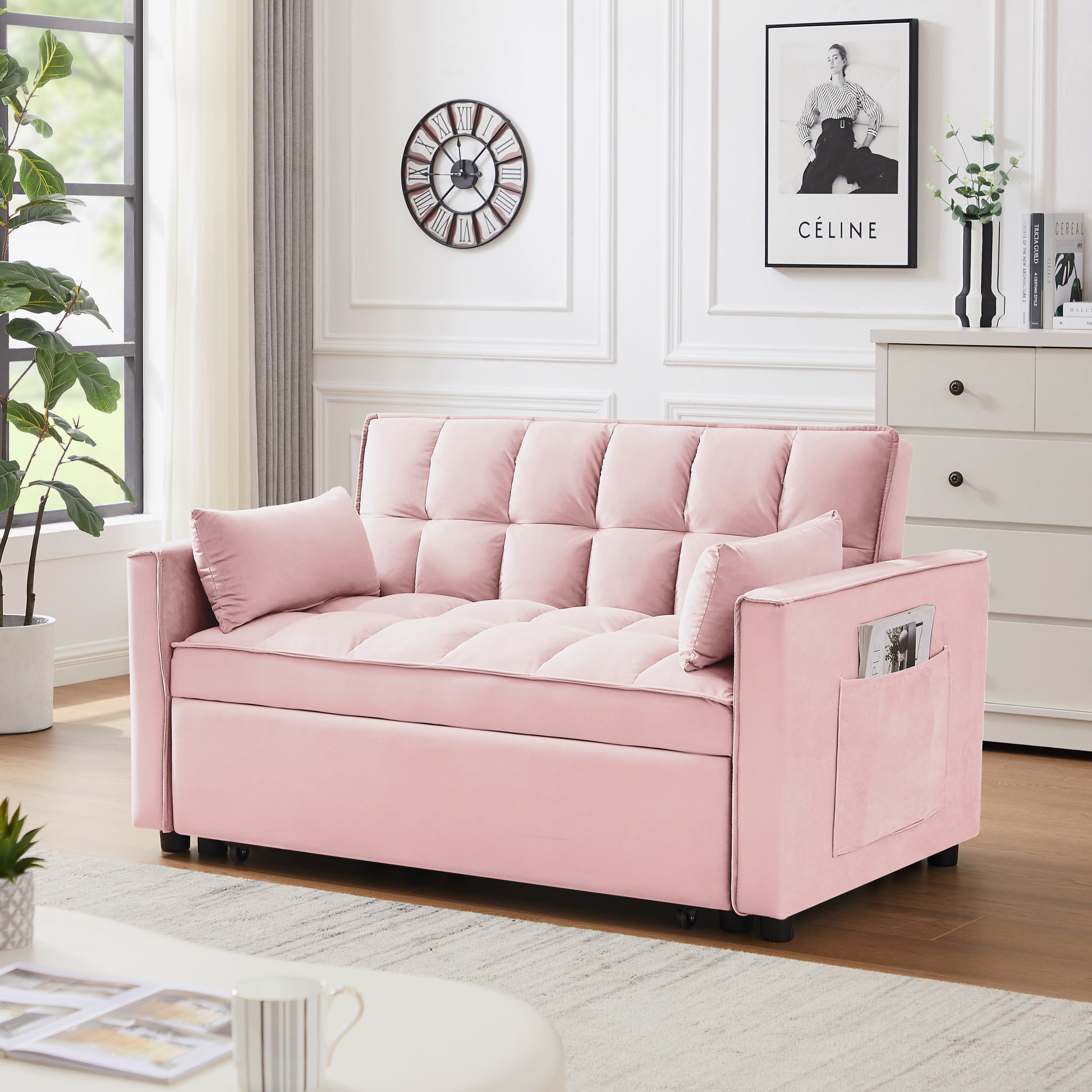 Modern Velvet Loveseat Futon Sofa Couch W Pullout Bed,Small Beautiful Seat Lounge Sofa W Reclining Backrest,Toss Pillows, Pockets,Furniture For Living Room,3 In 1 Convertible Sleeper Sofa Bed, Pink Pink Light Brown Velvet Wood Primary Living Space Medium