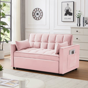 Modern Velvet Loveseat Futon Sofa Couch W Pullout Bed,Small Beautiful Seat Lounge Sofa W Reclining Backrest,Toss Pillows, Pockets,Furniture For Living Room,3 In 1 Convertible Sleeper Sofa Bed, Pink Pink Light Brown Velvet Wood Primary Living Space Medium