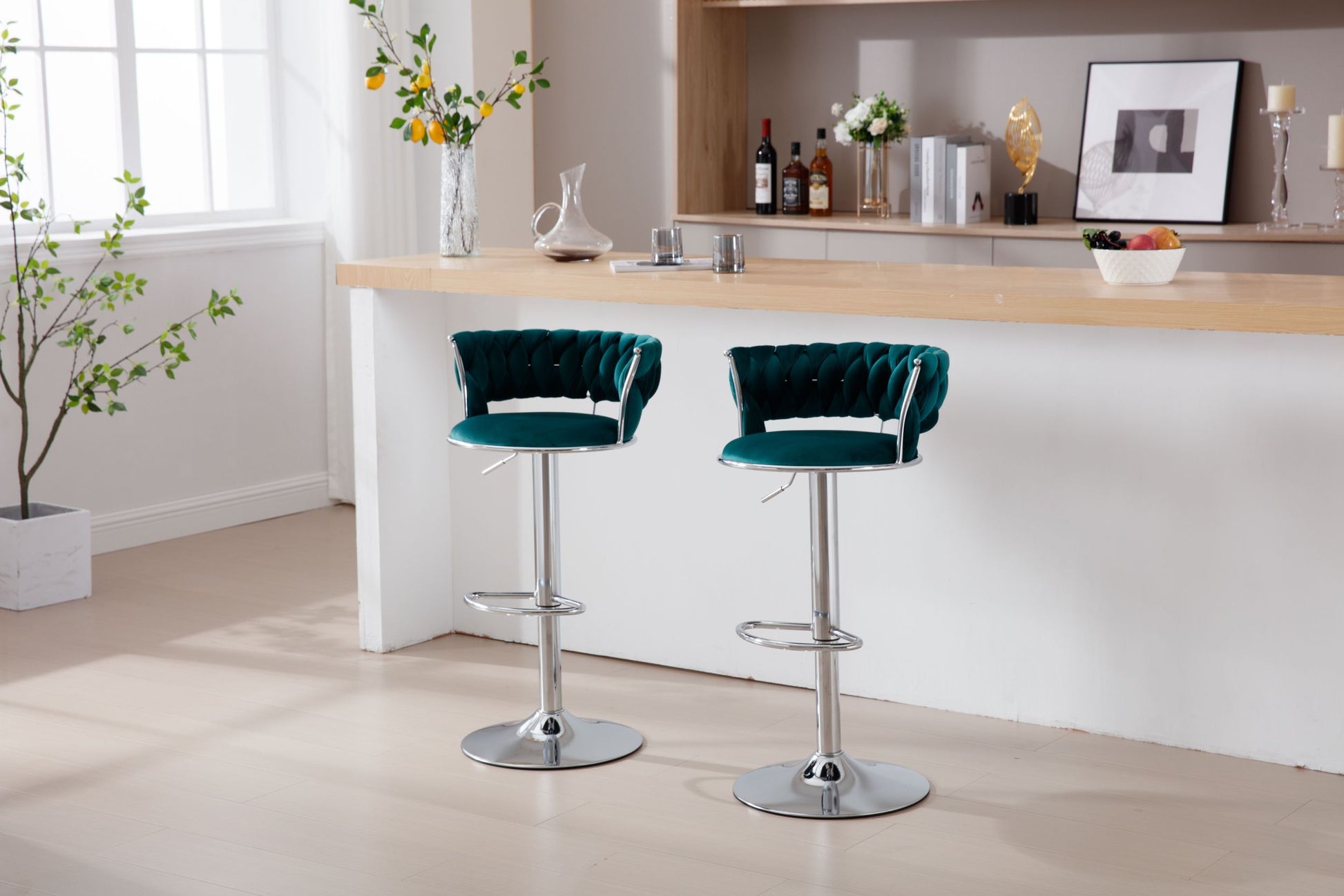 Set Of 2 Bar Stools,With Chrome Footrest And Base Swivel Height Adjustable Mechanical Lifting Velvet Bar Stool Green Black Foam Fabric