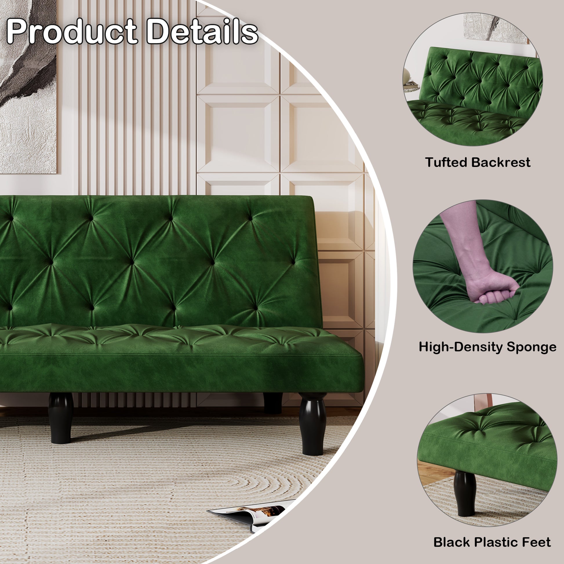 2534B Sofa Converts Into Sofa Bed 66" Green Velvet Sofa Bed Suitable For Family Living Room, Apartment, Bedroom Green Velvet