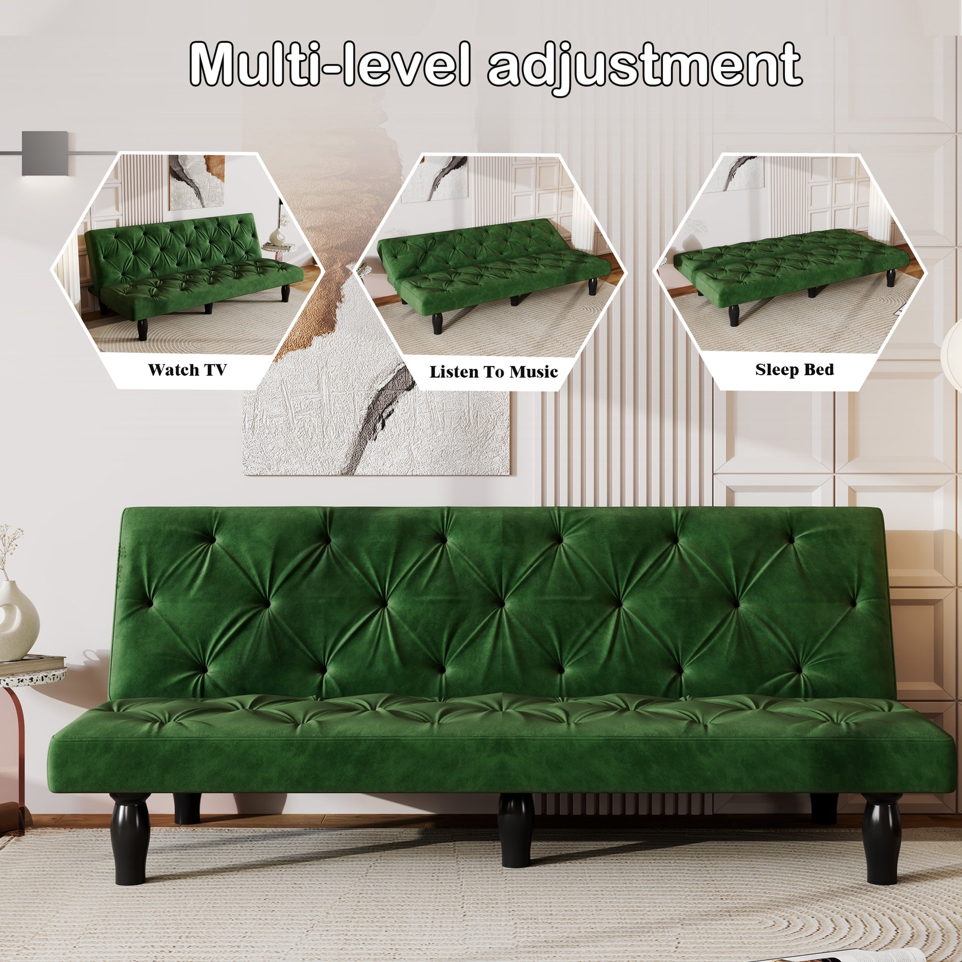 2534B Sofa Converts Into Sofa Bed 66" Green Velvet Sofa Bed Suitable For Family Living Room, Apartment, Bedroom Green Velvet