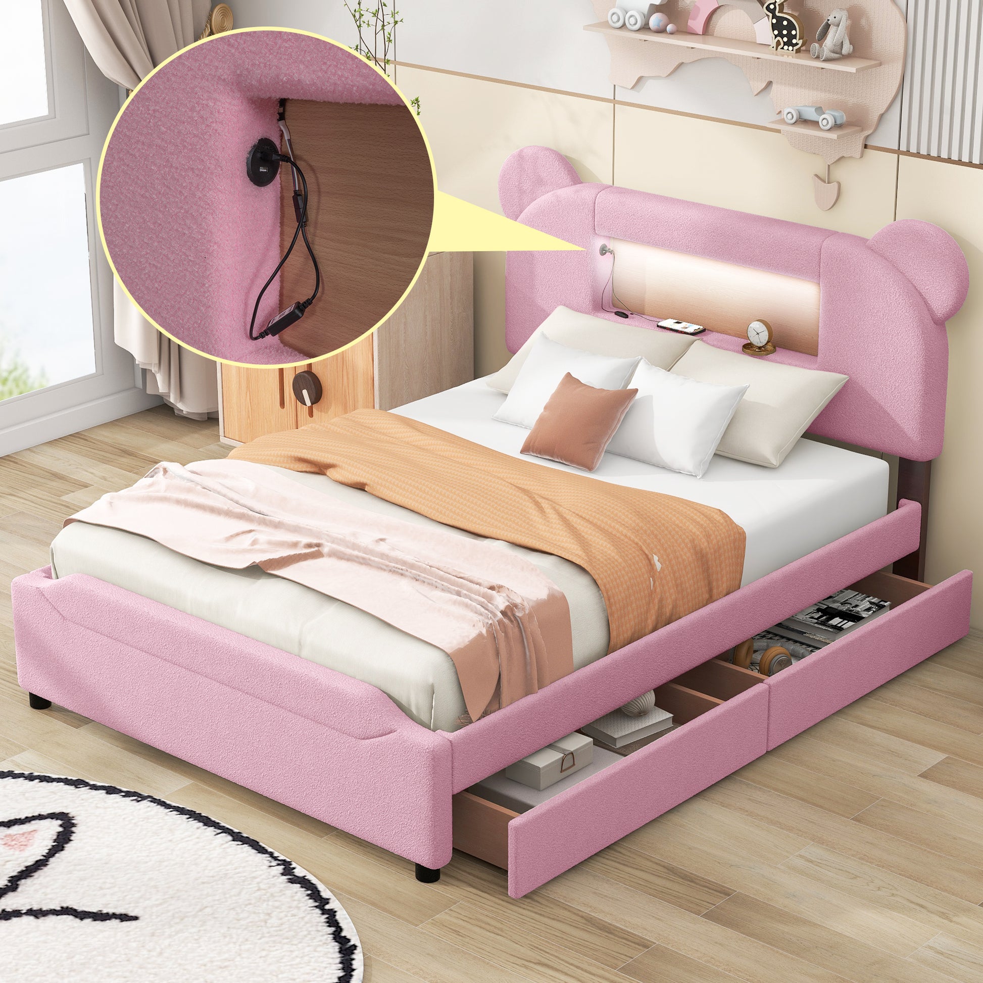 Full Size Upholstered Storage Platform Bed With Cartoon Ears Headboard, Led And Usb, Pink Box Spring Not Required Full Pink Wood Bedroom Bed Frame Upholstered