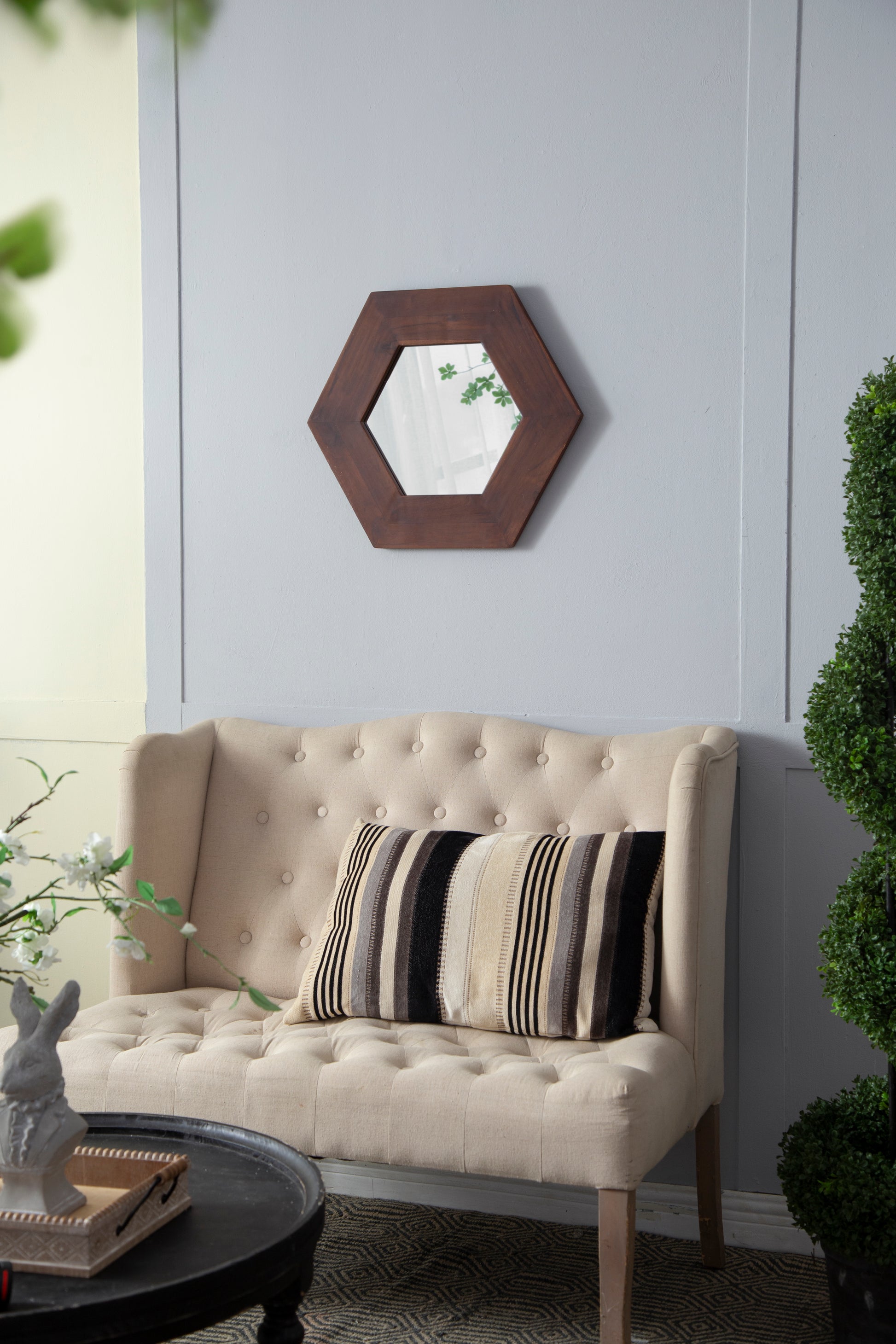 18.5" X 18.5" Hexagon Mirror With Solid Wood Frame, Wall Decor For Living Room Bathroom Hallway, Dark Brown Brown Wood Glass