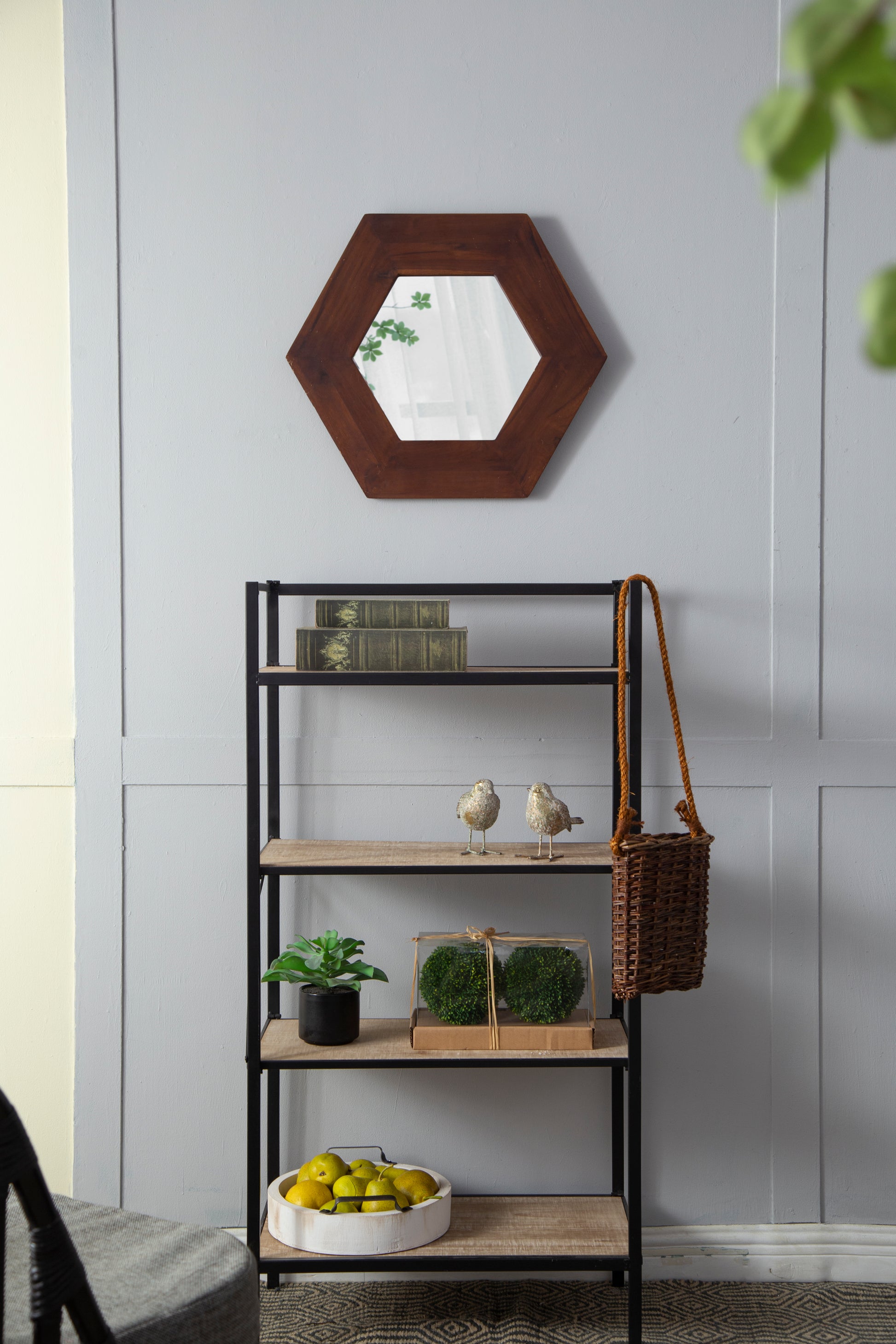 18.5" X 18.5" Hexagon Mirror With Solid Wood Frame, Wall Decor For Living Room Bathroom Hallway, Dark Brown Brown Wood Glass