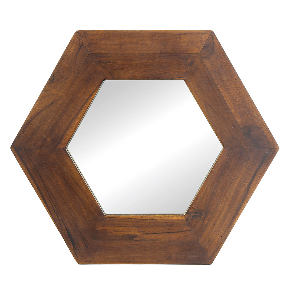 18.5" X 18.5" Hexagon Mirror With Solid Wood Frame, Wall Decor For Living Room Bathroom Hallway, Dark Brown Brown Wood Glass