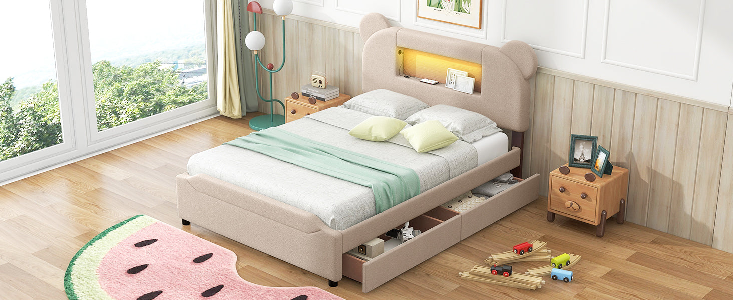 Full Size Upholstered Storage Platform Bed With Cartoon Ears Shaped Headboard, Led And Usb, Beige Box Spring Not Required Full Beige Wood Bedroom Bed Frame Upholstered
