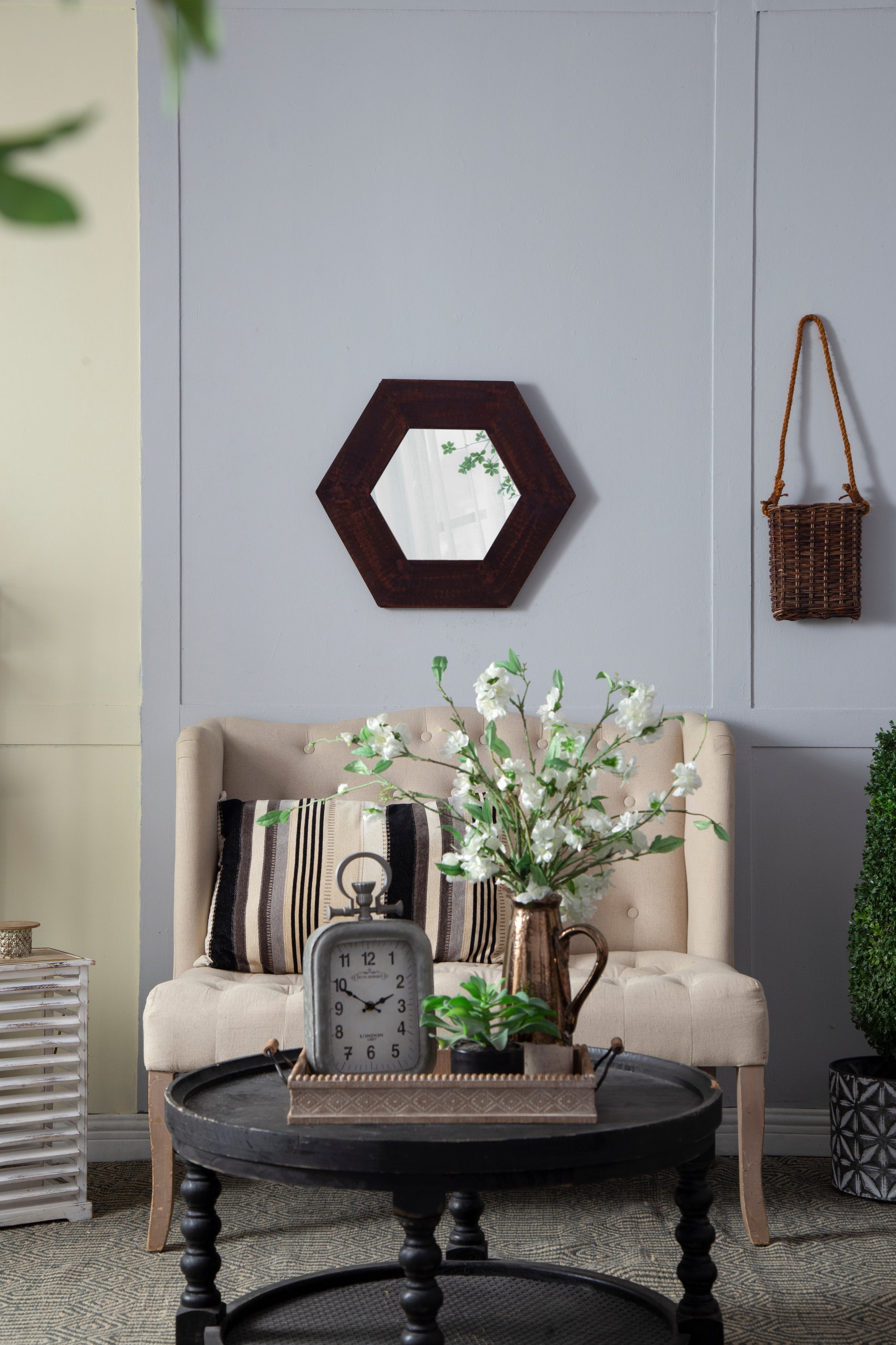 18.5" X 18.5" Hexagon Mirror With Solid Wood Frame, Wall Decor For Living Room Bathroom Hallway, Dark Brown Brown Wood Glass