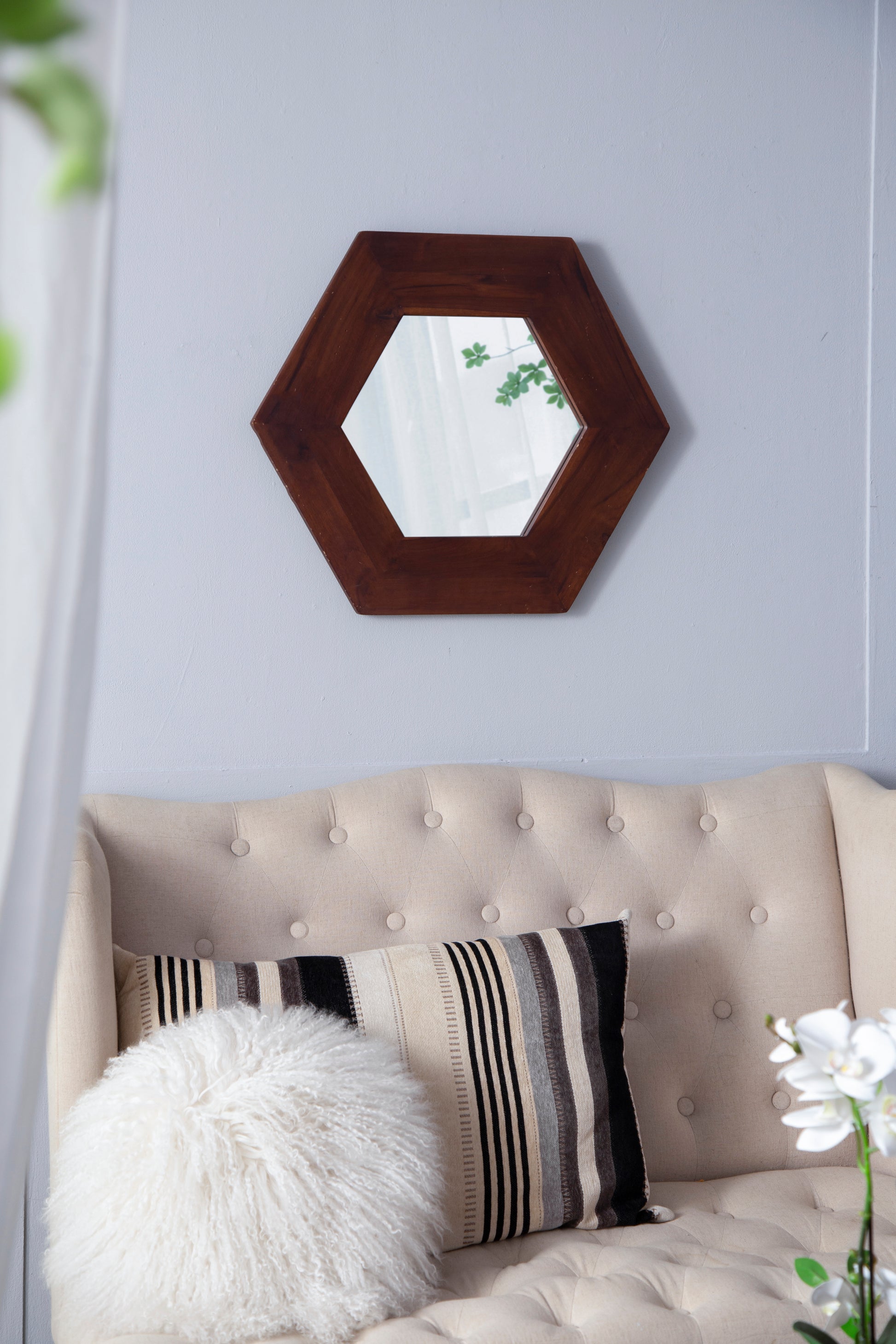 18.5" X 18.5" Hexagon Mirror With Solid Wood Frame, Wall Decor For Living Room Bathroom Hallway, Dark Brown Brown Wood Glass