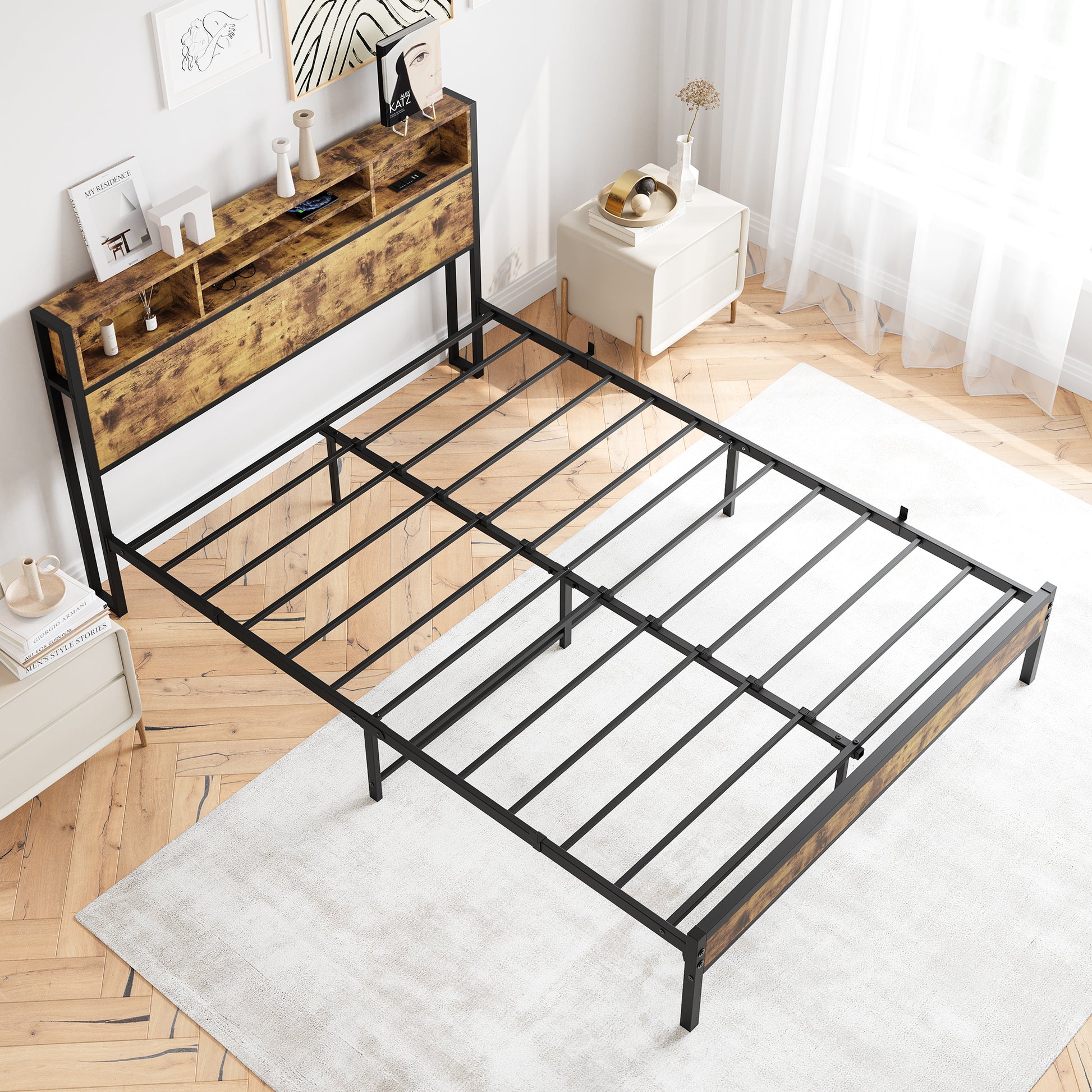 Queen Bed Frame With Storage Headboard, Metal Platform Bed With Charging Station, Bookcase Storage, No Box Spring Needed, Easy Assembly, Noise Free, Black Box Spring Not Required Queen Black Iron Brown Bedroom Bed Frame Metal & Wood