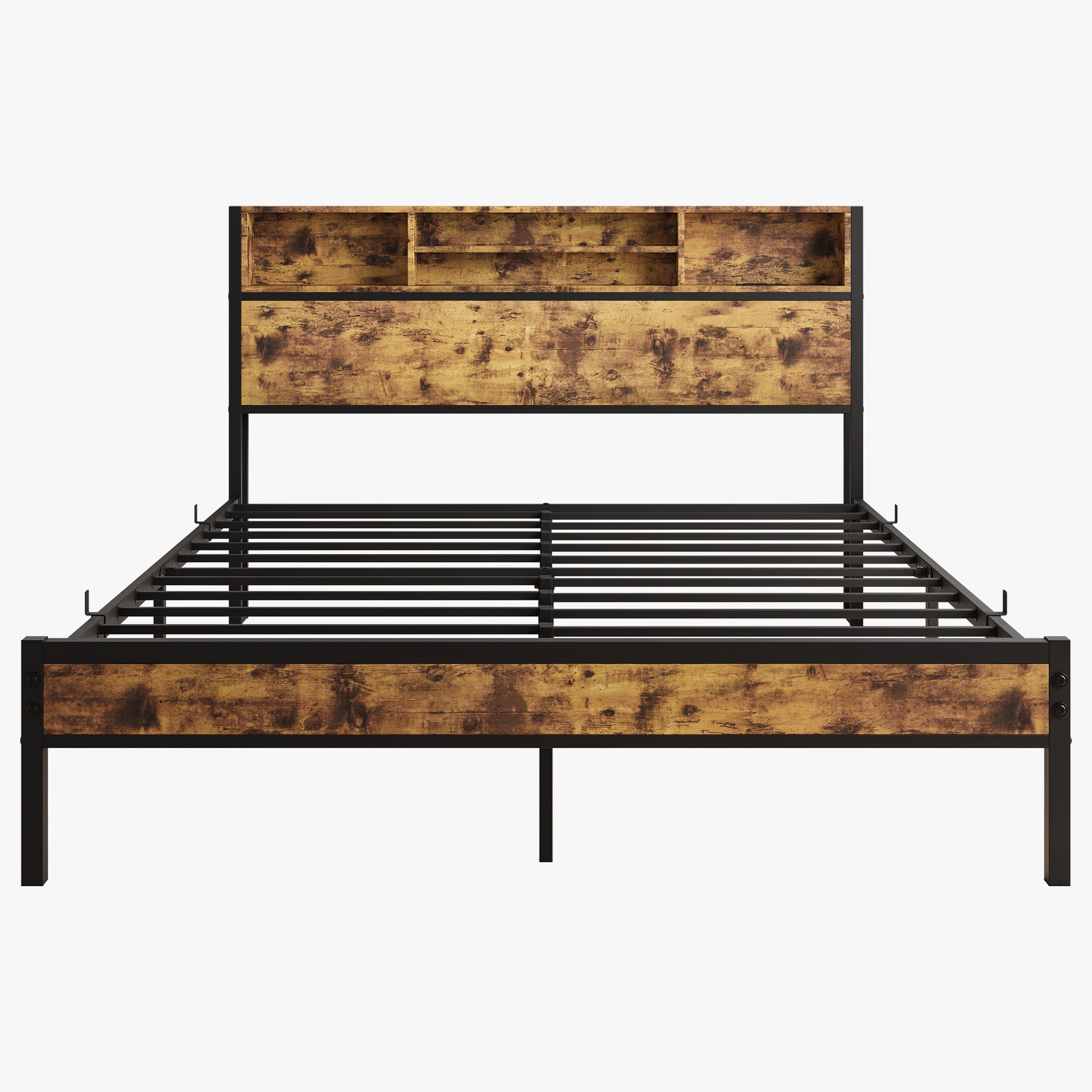 Queen Bed Frame With Storage Headboard, Metal Platform Bed With Charging Station, Bookcase Storage, No Box Spring Needed, Easy Assembly, Noise Free, Black Box Spring Not Required Queen Black Iron Brown Bedroom Bed Frame Metal & Wood