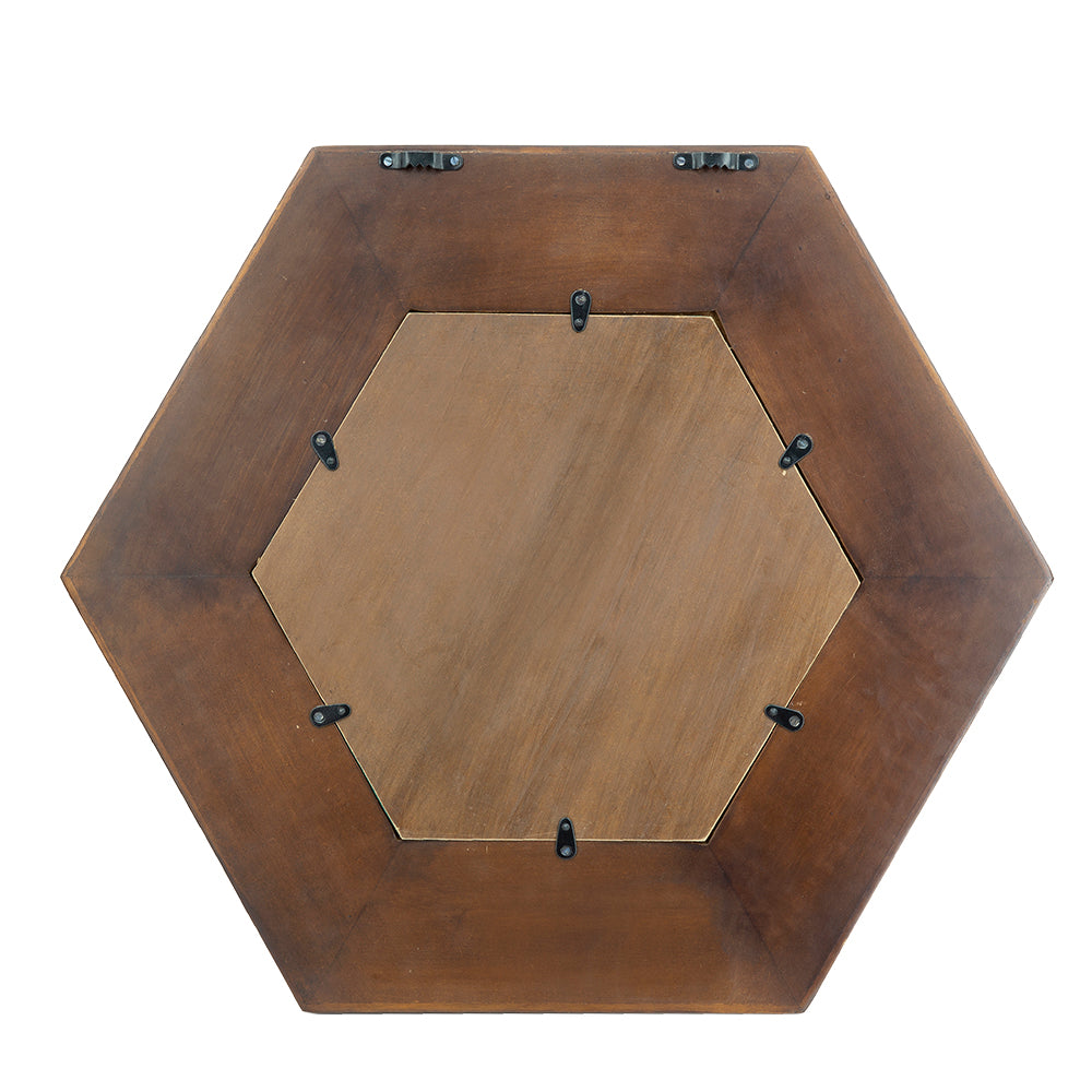 18.5" X 18.5" Hexagon Mirror With Solid Wood Frame, Wall Decor For Living Room Bathroom Hallway, Dark Brown Brown Wood Glass