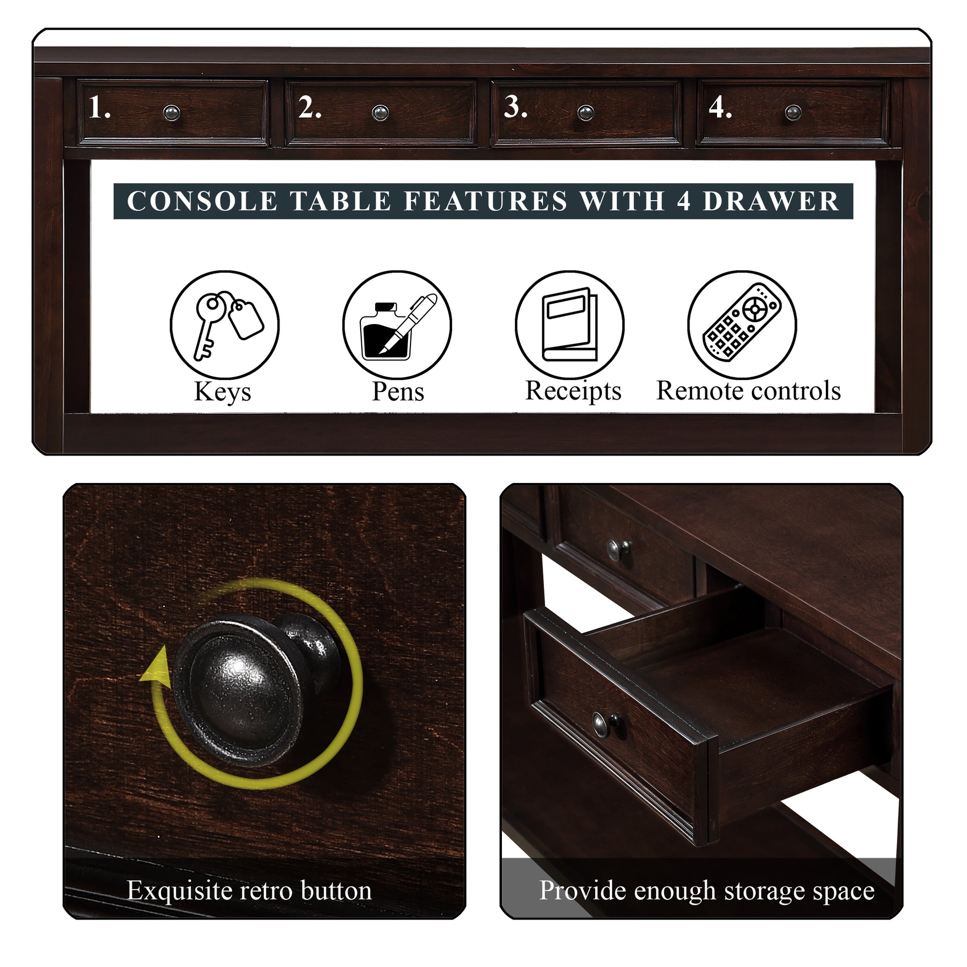 63" Pine Wood Console Table With 4 Drawers And 1 Bottom Shelf For Entryway Hallway Easy Assembly 63 Inch Long Sofa Table Light Espresso Light Espresso Pine