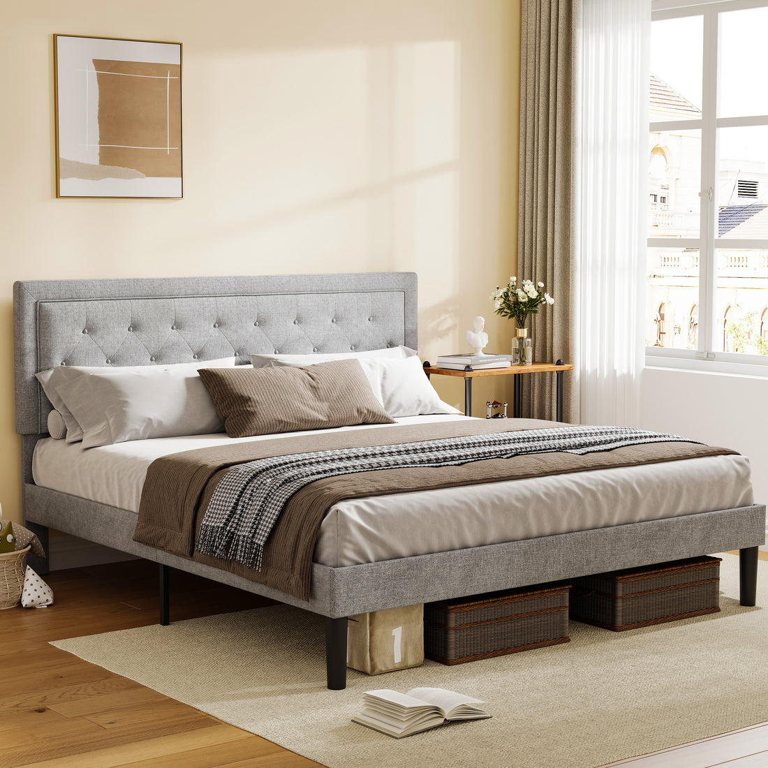 Light Grey Bed Frame With Adjustable Border Headboard Queen Size Box Spring Not Required Queen Light Grey Iron Light Brown Bedroom Modern Bed Frame Polyester Iron