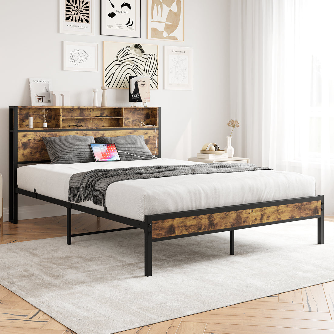 Queen Bed Frame With Storage Headboard, Metal Platform Bed With Charging Station, Bookcase Storage, No Box Spring Needed, Easy Assembly, Noise Free, Black Box Spring Not Required Queen Black Iron Brown Bedroom Bed Frame Metal & Wood