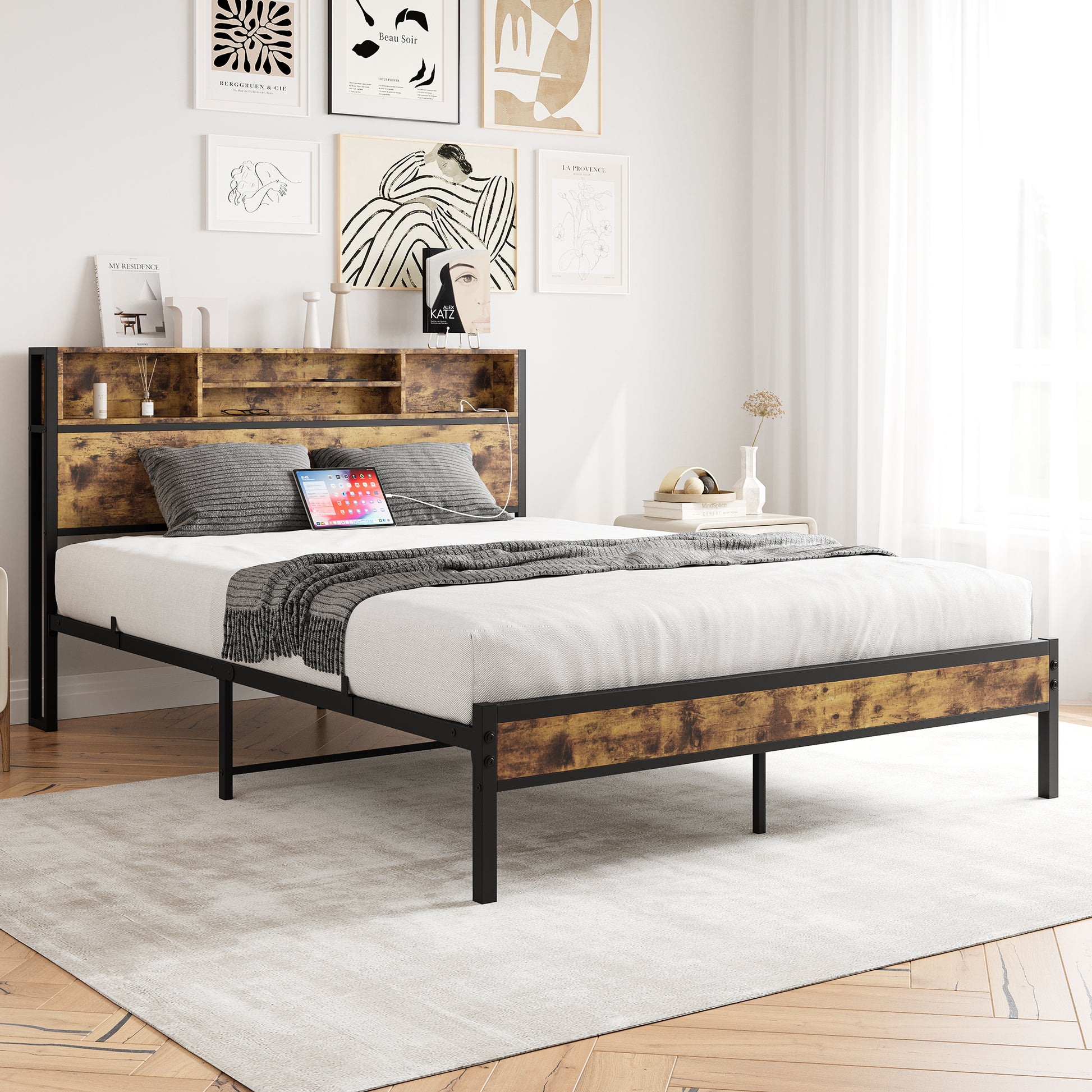 Queen Bed Frame With Storage Headboard, Metal Platform Bed With Charging Station, Bookcase Storage, No Box Spring Needed, Easy Assembly, Noise Free, Black Box Spring Not Required Queen Black Iron Brown Bedroom Bed Frame Metal & Wood