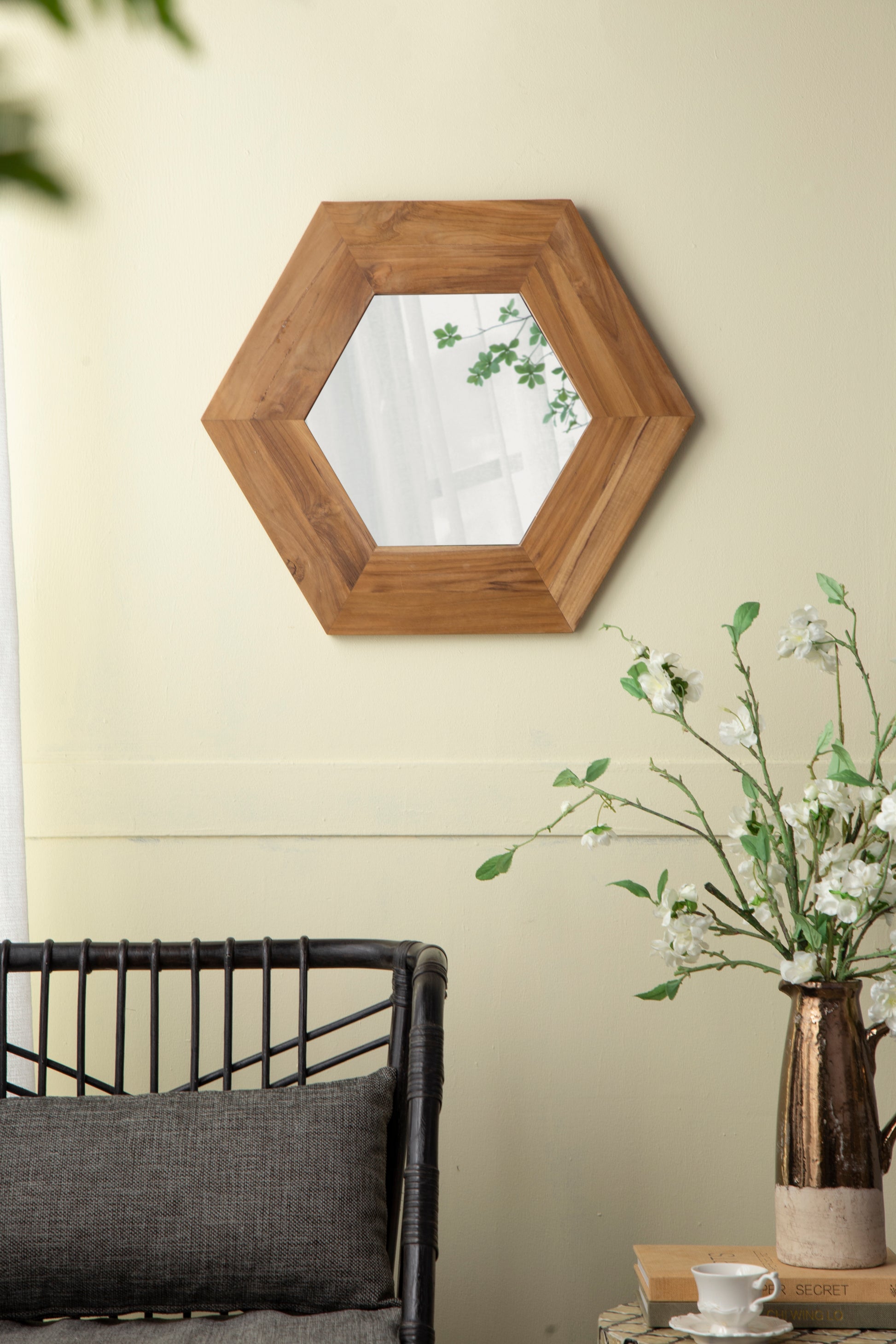 18.5" X 18.5" Hexagon Mirror With Natural Wood Frame, Wall Decor For Living Room Bathroom Hallway Natural Wood Glass