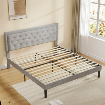 Light Grey Bed Frame With Adjustable Border Headboard Queen Size Box Spring Not Required Queen Light Grey Iron Light Brown Bedroom Modern Bed Frame Polyester Iron