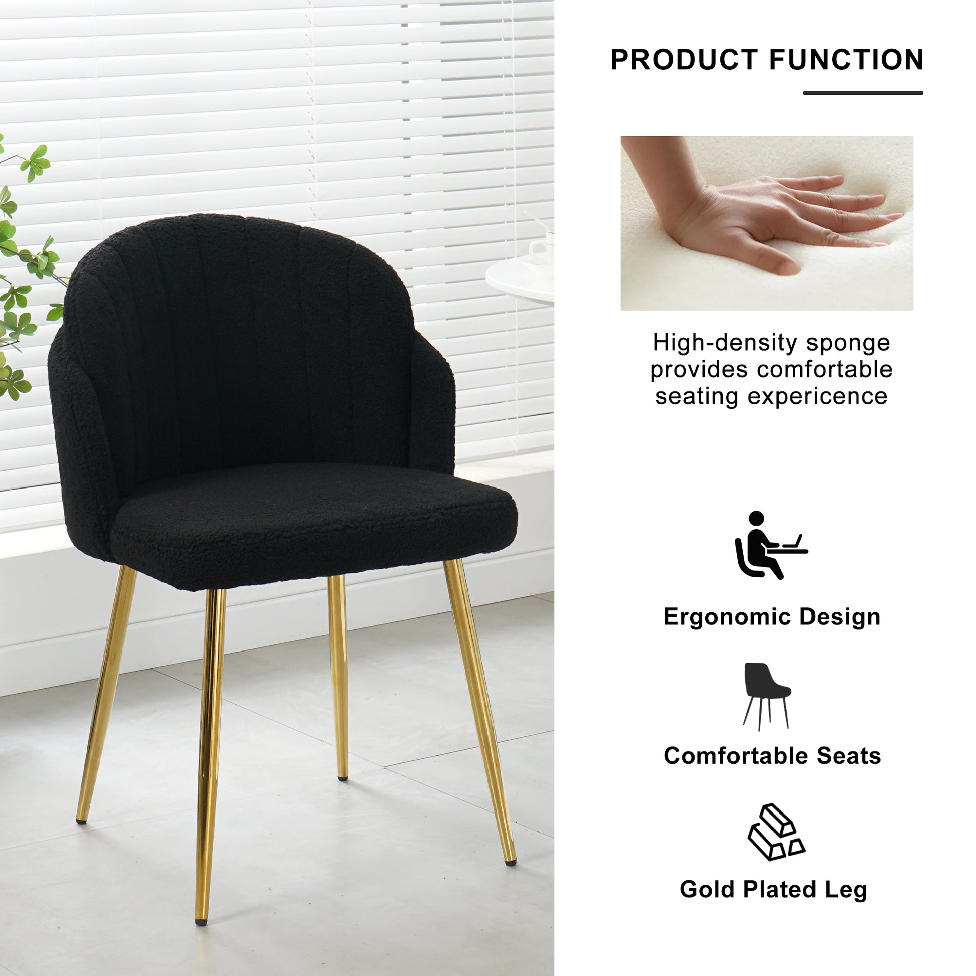 Modern Simple Black Teddy Fleece Dining Chair Fabric Upholstered Chairs Home Bedroom Stool Back Dressing Chair Gold Metal Legs Set Of 2 Black Foam Metal