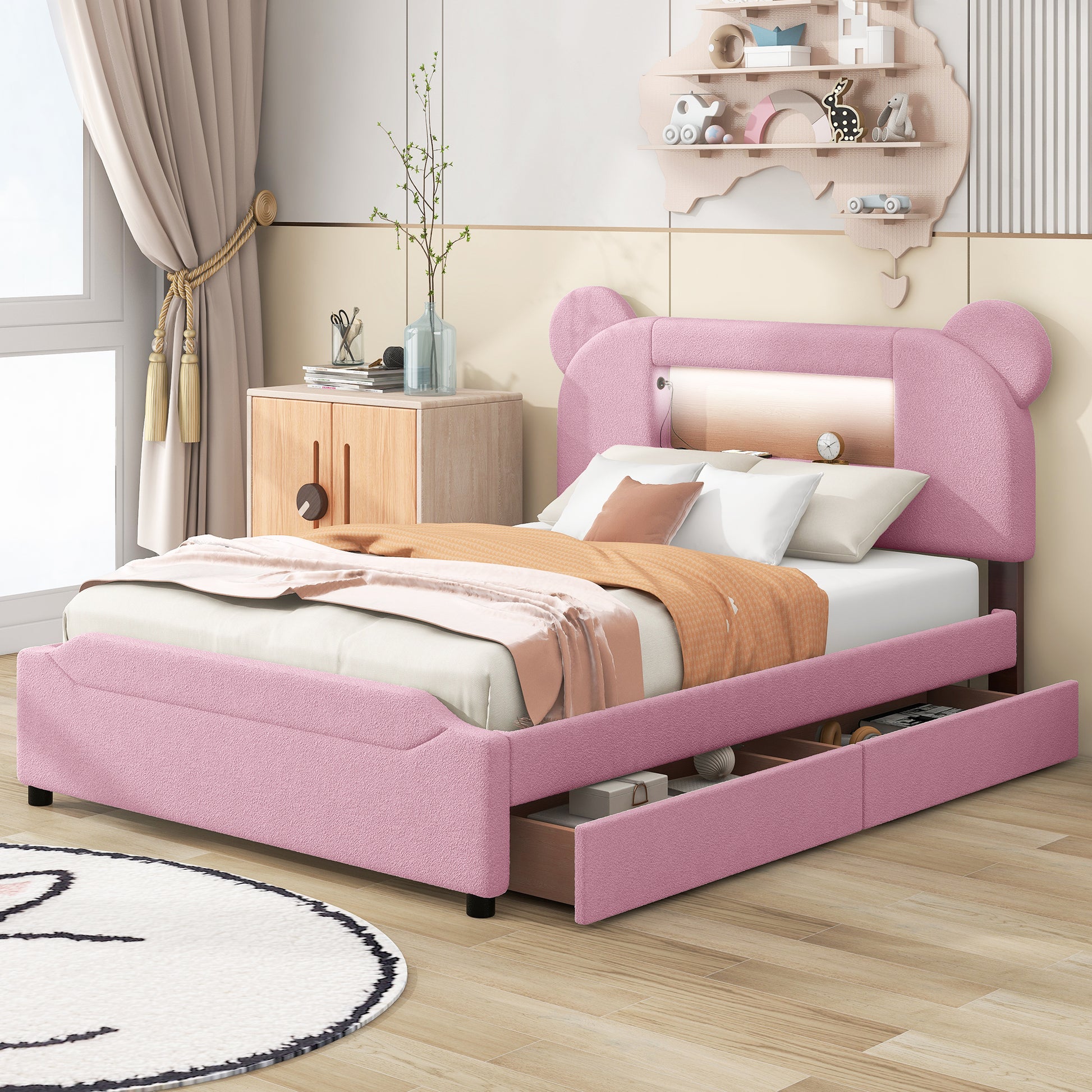 Full Size Upholstered Storage Platform Bed With Cartoon Ears Headboard, Led And Usb, Pink Box Spring Not Required Full Pink Wood Bedroom Bed Frame Upholstered
