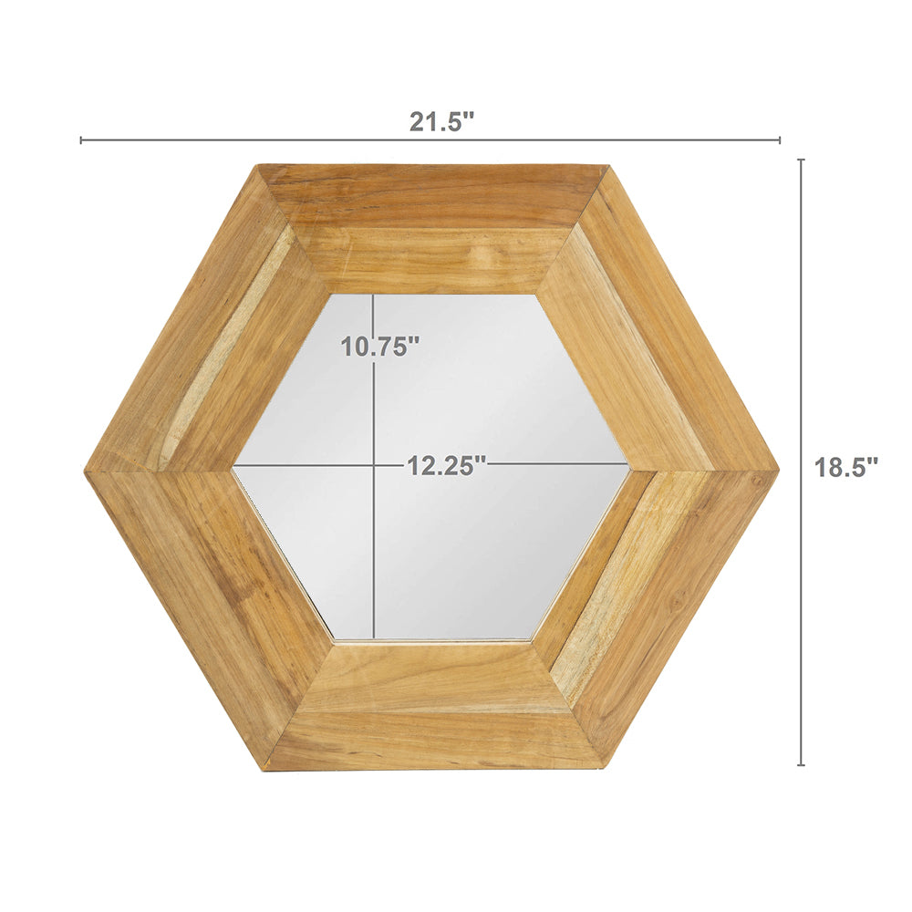 18.5" X 18.5" Hexagon Mirror With Natural Wood Frame, Wall Decor For Living Room Bathroom Hallway Natural Wood Glass