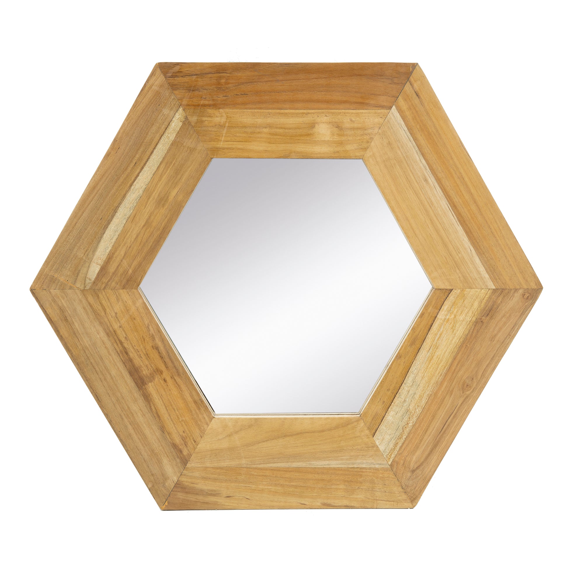 18.5" X 18.5" Hexagon Mirror With Natural Wood Frame, Wall Decor For Living Room Bathroom Hallway Natural Wood Glass