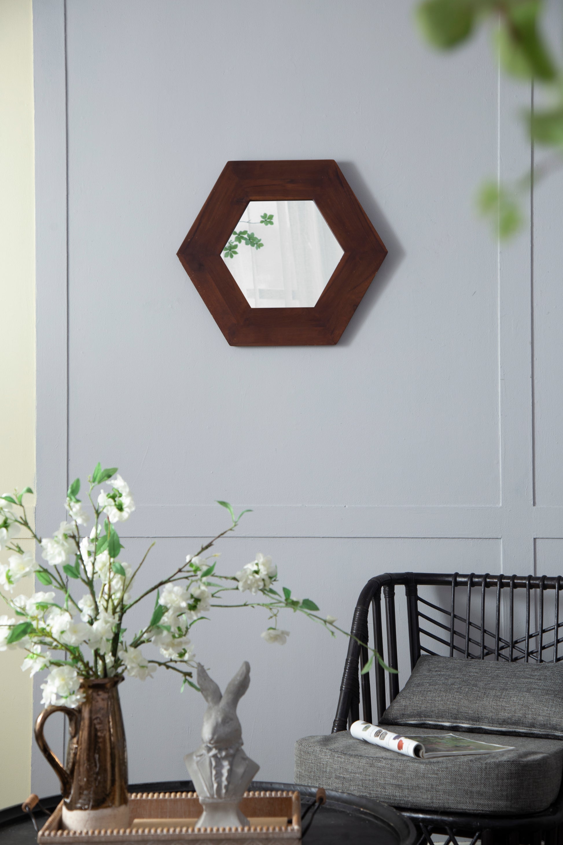 18.5" X 18.5" Hexagon Mirror With Solid Wood Frame, Wall Decor For Living Room Bathroom Hallway, Dark Brown Brown Wood Glass
