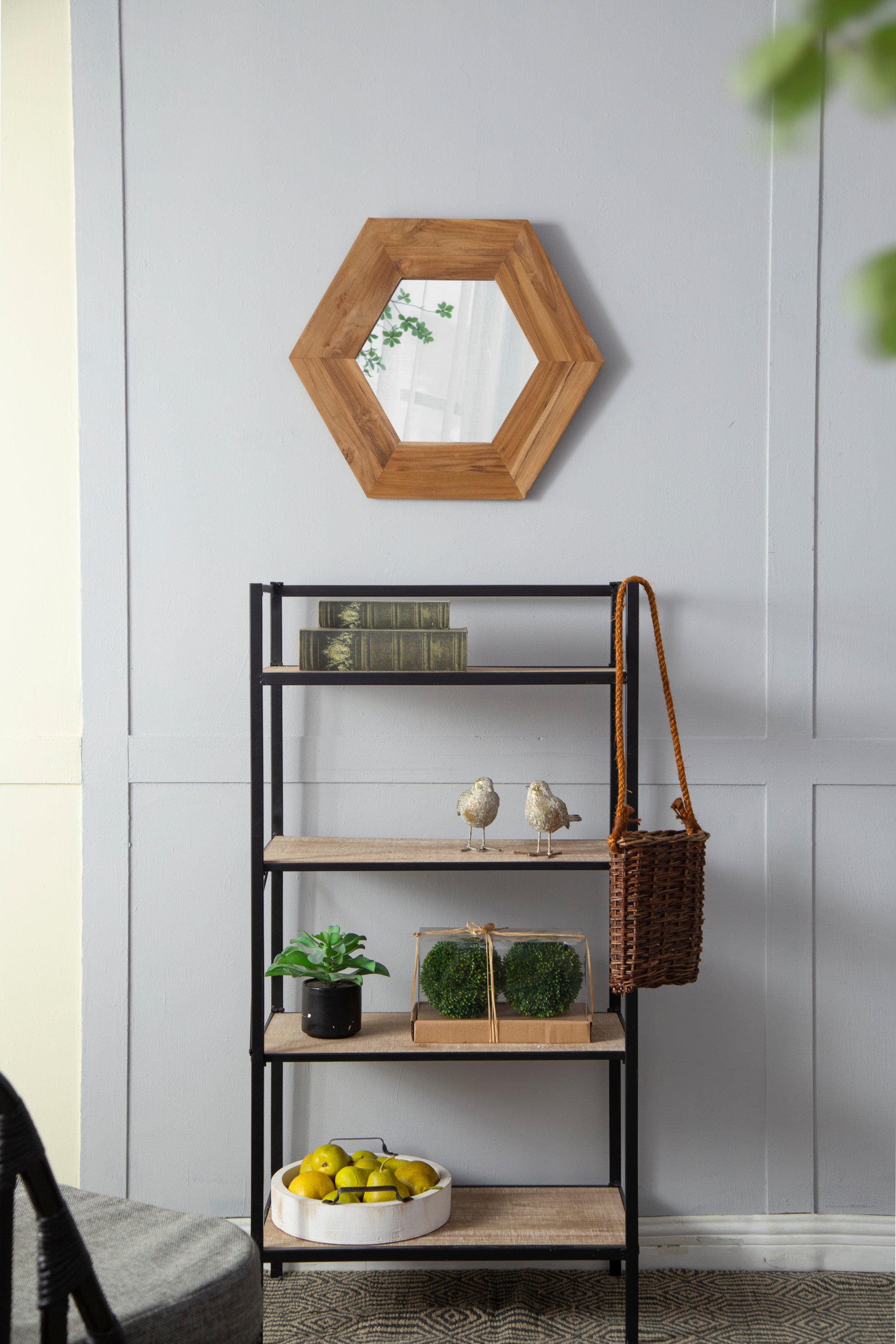 18.5" X 18.5" Hexagon Mirror With Natural Wood Frame, Wall Decor For Living Room Bathroom Hallway Natural Wood Glass