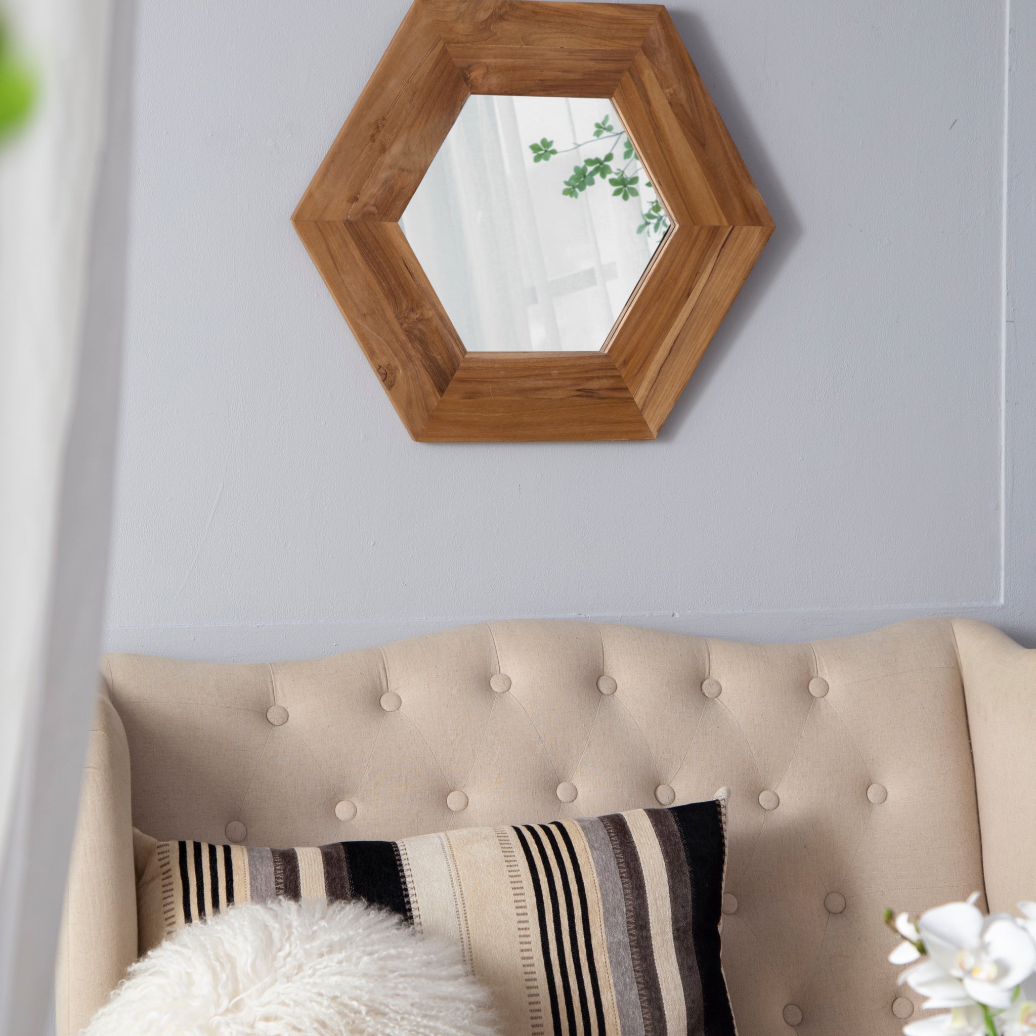 18.5" X 18.5" Hexagon Mirror With Natural Wood Frame, Wall Decor For Living Room Bathroom Hallway Natural Wood Glass