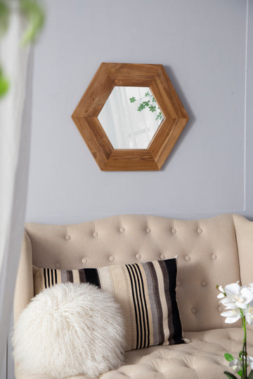 18.5" X 18.5" Hexagon Mirror With Natural Wood Frame, Wall Decor For Living Room Bathroom Hallway Natural Wood Glass