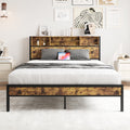 Queen Bed Frame With Storage Headboard, Metal Platform Bed With Charging Station, Bookcase Storage, No Box Spring Needed, Easy Assembly, Noise Free, Black Box Spring Not Required Queen Black Iron Brown Bedroom Bed Frame Metal & Wood