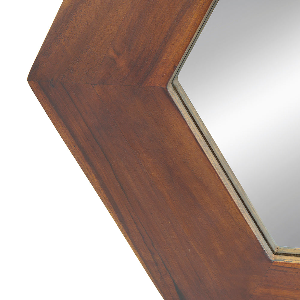18.5" X 18.5" Hexagon Mirror With Solid Wood Frame, Wall Decor For Living Room Bathroom Hallway, Dark Brown Brown Wood Glass