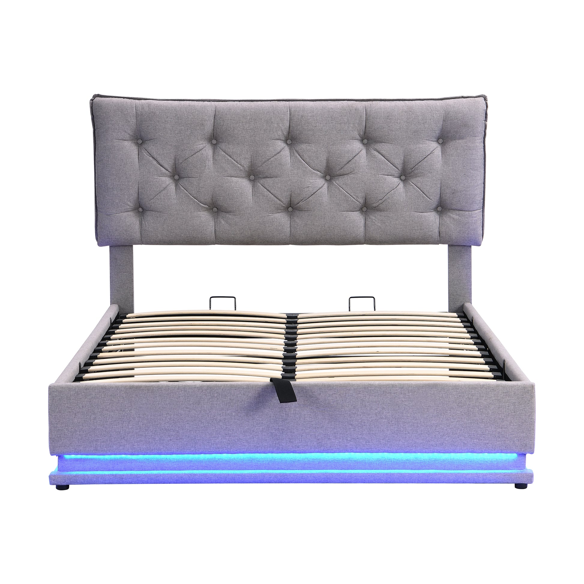 Full Size Upholstered Bed With Hydraulic Storage System And Led Light, Modern Platform Bed With Button Tufted Design Headboard, Gray Gray Linen