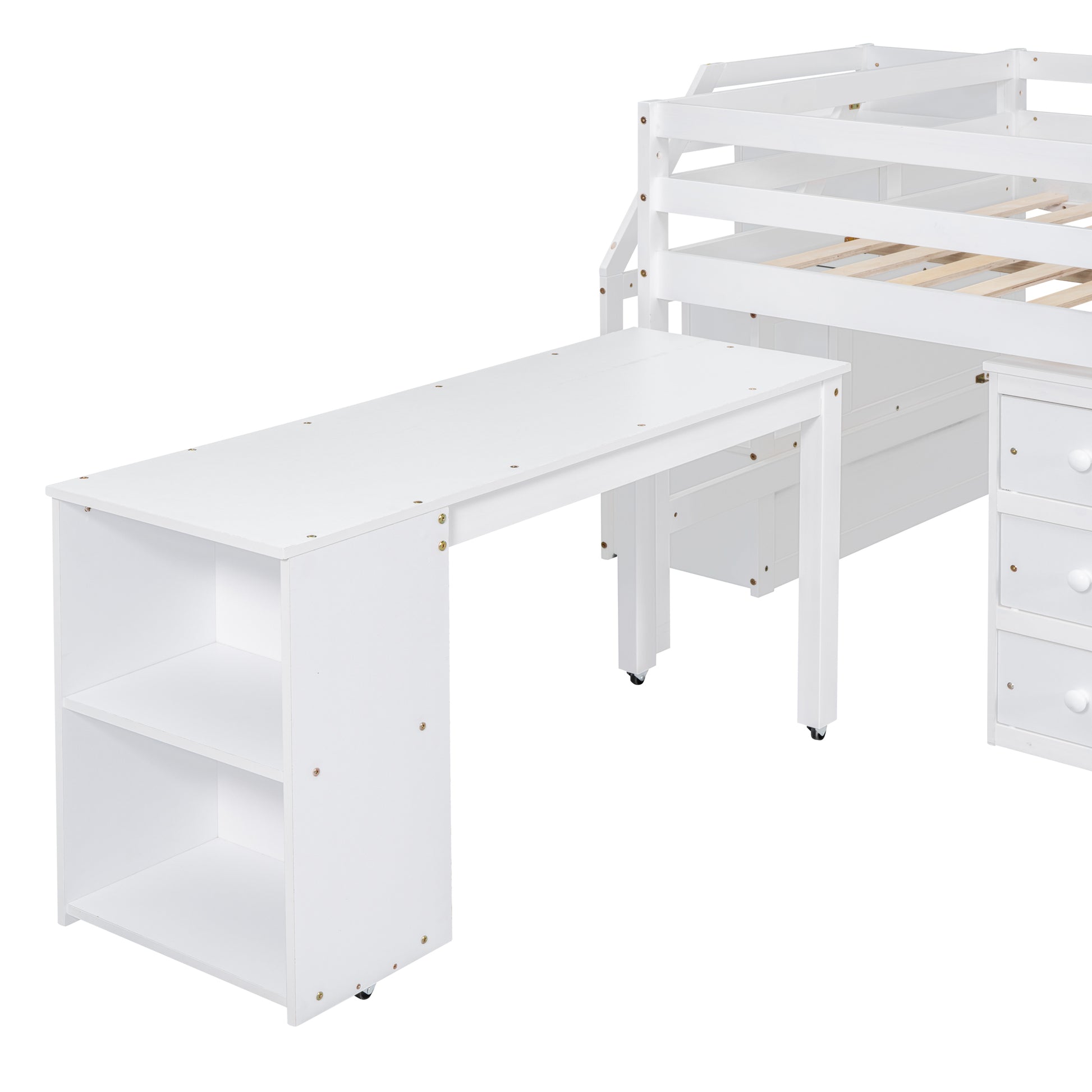 Full Size Loft Bed With Retractable Writing Desk And 3 Drawers, Wooden Loft Bed With Storage Stairs And Shelves, White White Solid Wood Mdf